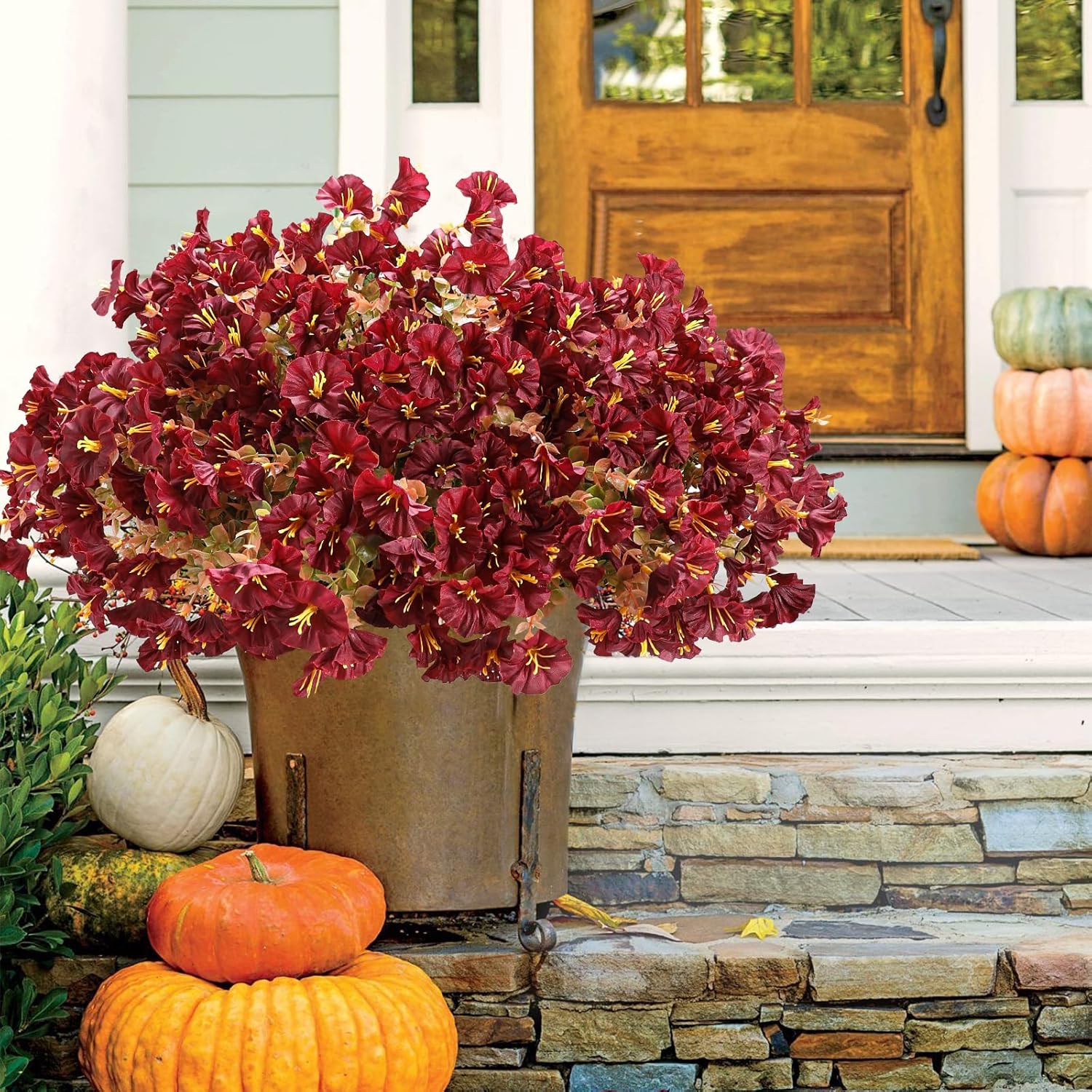 10PCS Outdoor Fall Faux Flowers UV Resistant Morning Glory Artificial Flowers Eucalyptus Plants for Autumn Garden Patio Window Box Planter Home Decor (Burgundy) - Image 2