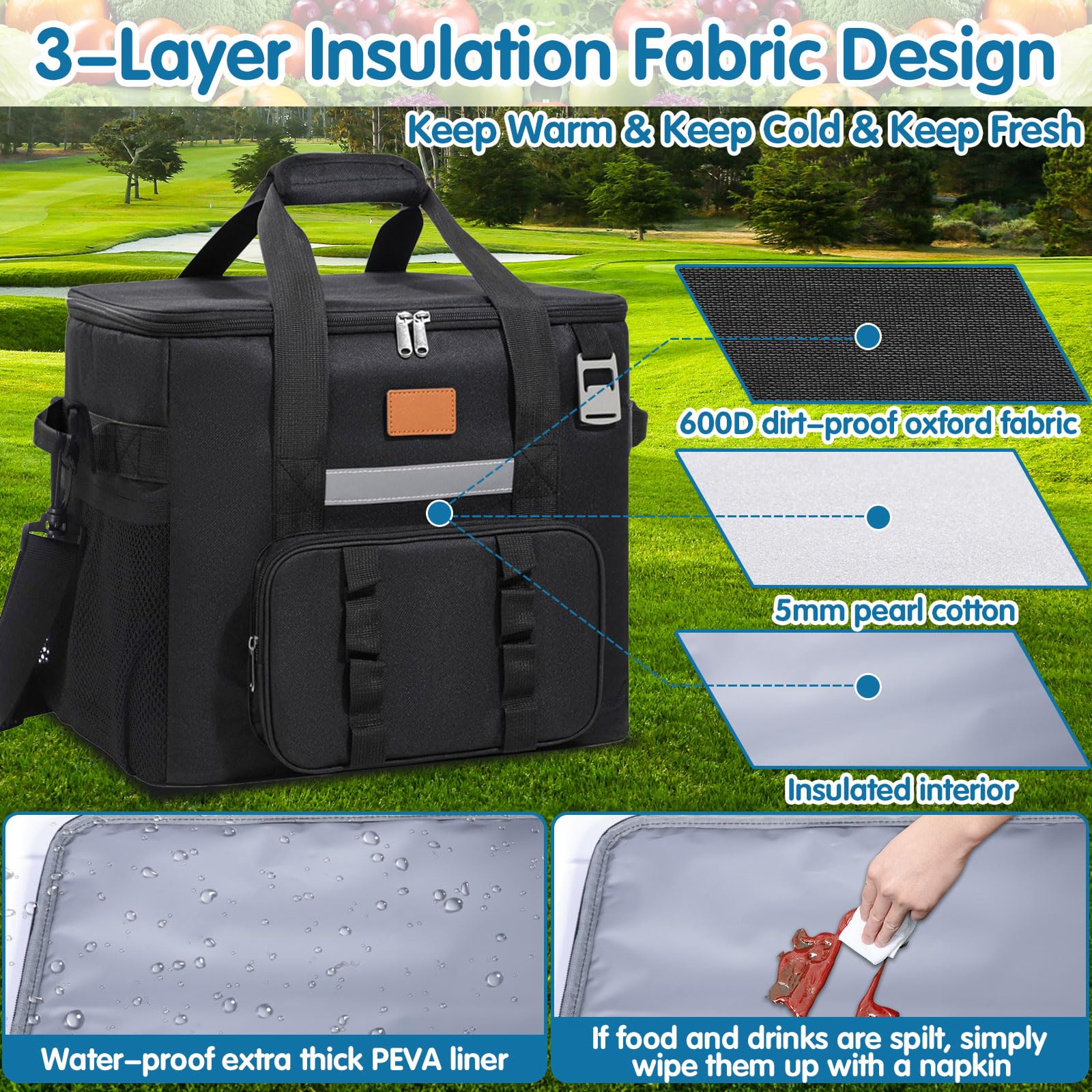 Borsa Termica Porta Pranzo 40L, Borsa Frigo Grande con Tracolla Regolabile, Tasche Multiple e Apribottiglie per Picnic Campeggio Ufficio (Nero)