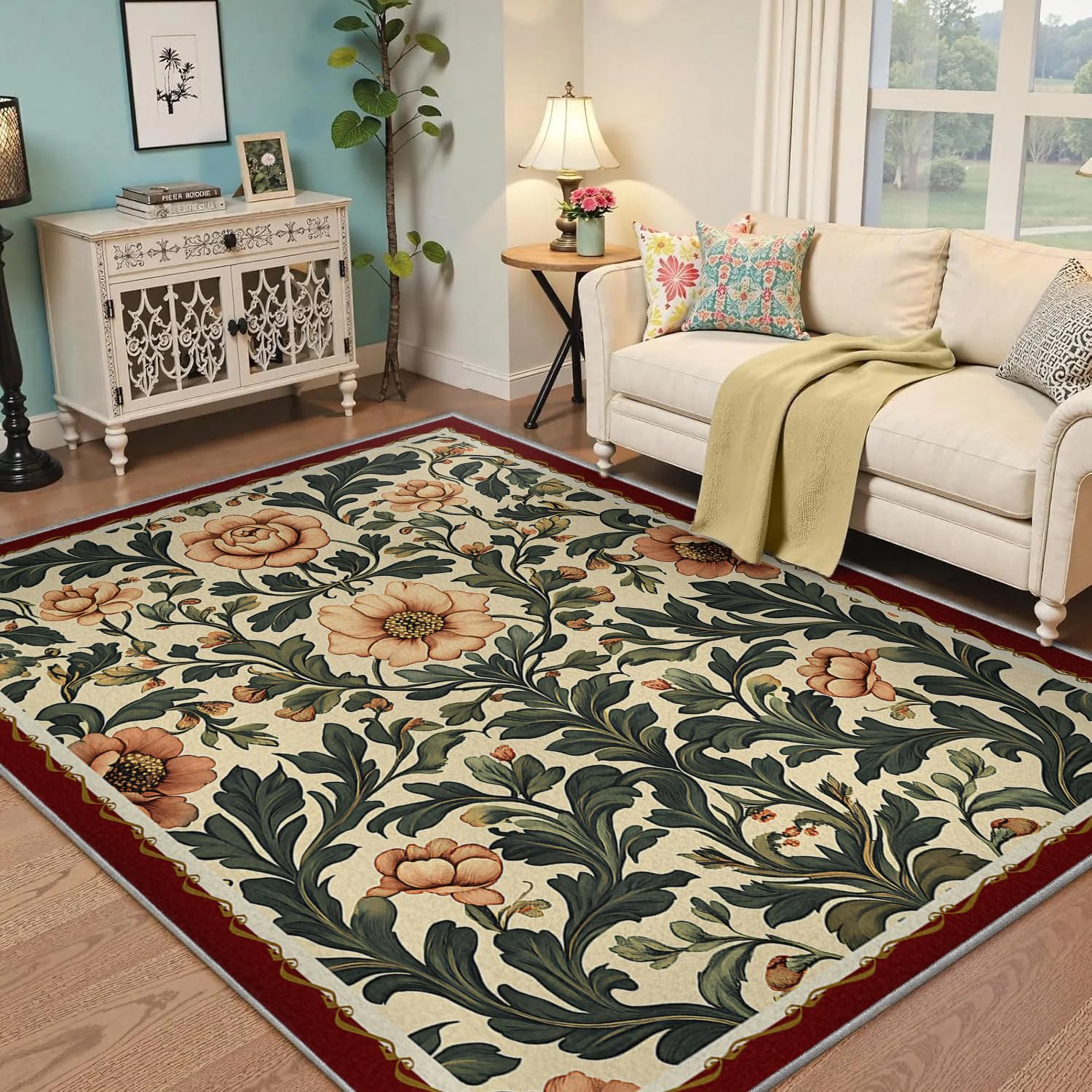 Tapis de salon 160x220cm floral lavable à poil bas pour chambre