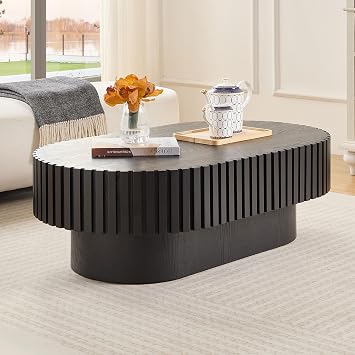 Modern Oval Coffee Table with Handcrafted Relief, Drum Coffee Table with Sturdy Pedestal, Wooden Tea Table Center Table for Living Room Apartment 43.7" Black