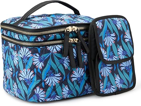 Amazon Essentials Women's Multifunctional Quilted Costmetic Case with Makeup Brush Storage, Blue Floral, One Size