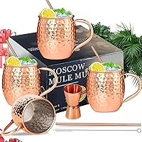 Vista 7 de Juego de tazas para cócteles de cobre de mula de Moscú, tazas de mula de Moscú, kit de 19 onzas, juego de 12 con asas, grandes tazas de cobre
