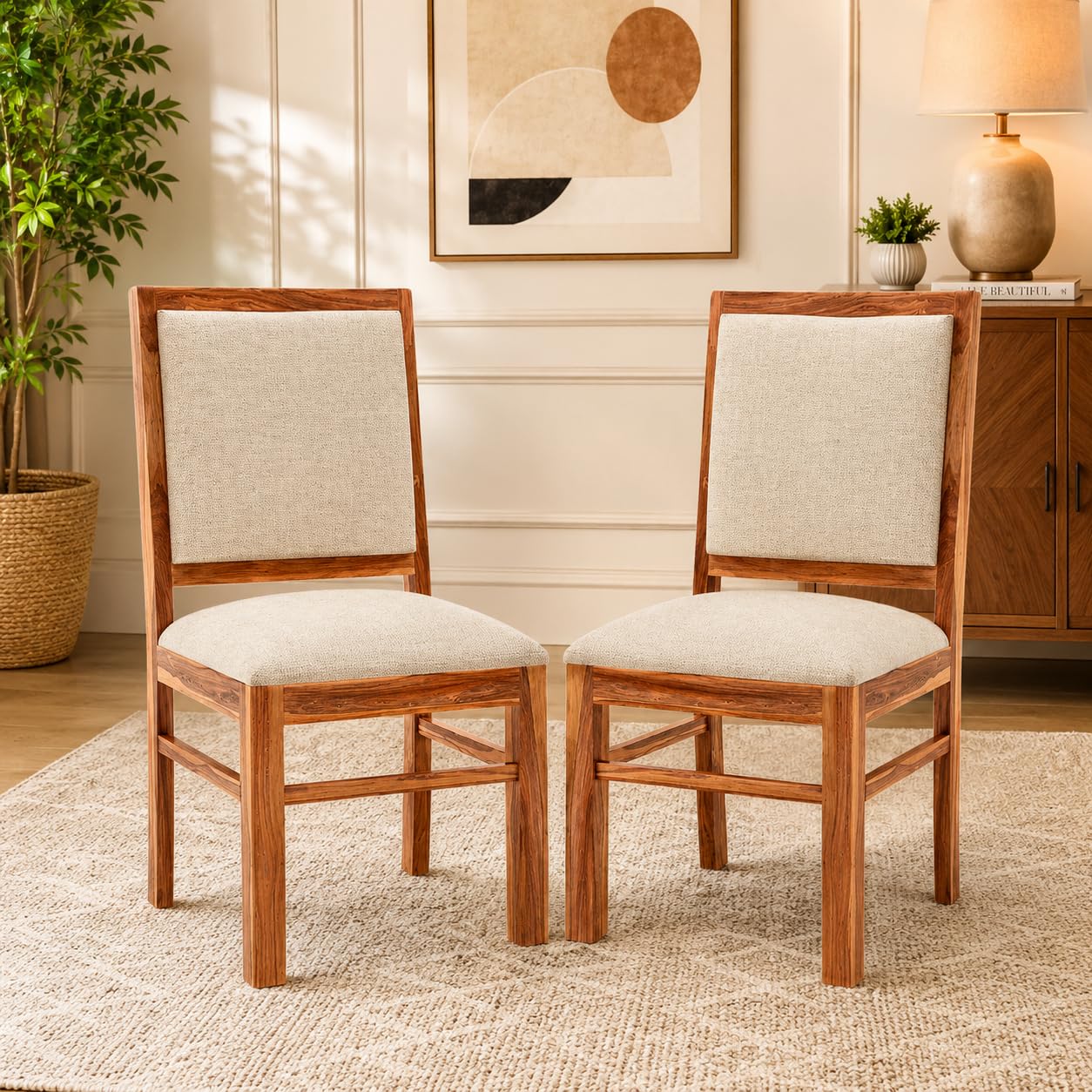 HANDWOOD FURNITURE Modern Home Furniture Solid Sheesham Wood Dining Study Multipurpose Chair | Set of 2 for Chair for Home & Office |Honey Finish with Cream Cushions |Pre Assembled (Ready to Use)