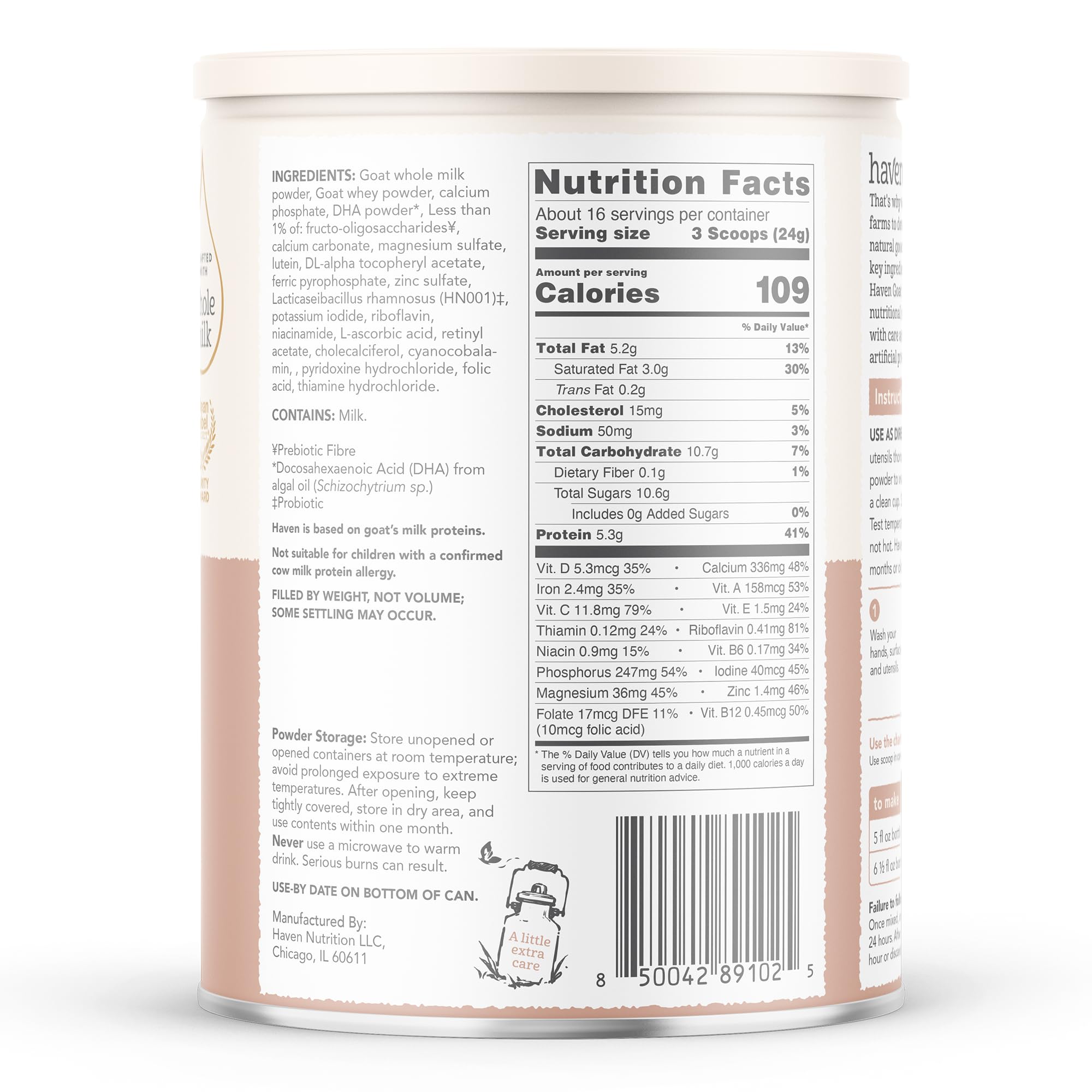Haven Fórmula de cabra para niños pequeños, leche entera de cabra alimentada con pasto en polvo para niños pequeños con probióticos, prebióticos, luteína y Omega 3 Dha, fórmula de fácil digestión, sin