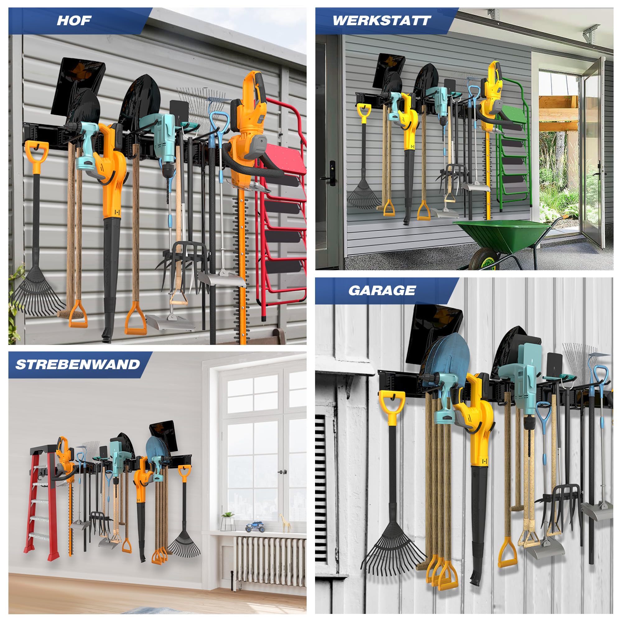 Sttoraboks Werkzeug-Wandregal, verstellbar Wandhalterungen für Garage und Garten mit 8 Haken & 3 Schienen, Hochbelastbares Werkzeugregal bis 204kg, für Garage, Garten, Ski, Besen, Rechen