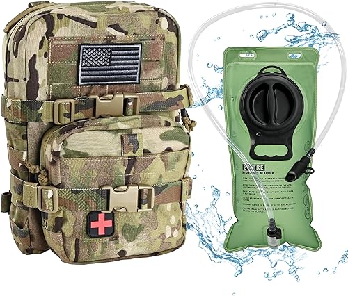 Mini paquete de hidratación táctica Molle, transportador de hidratación Molle con bolsa IFAK y bandera de EE. UU. y parche Med, Hydropack para