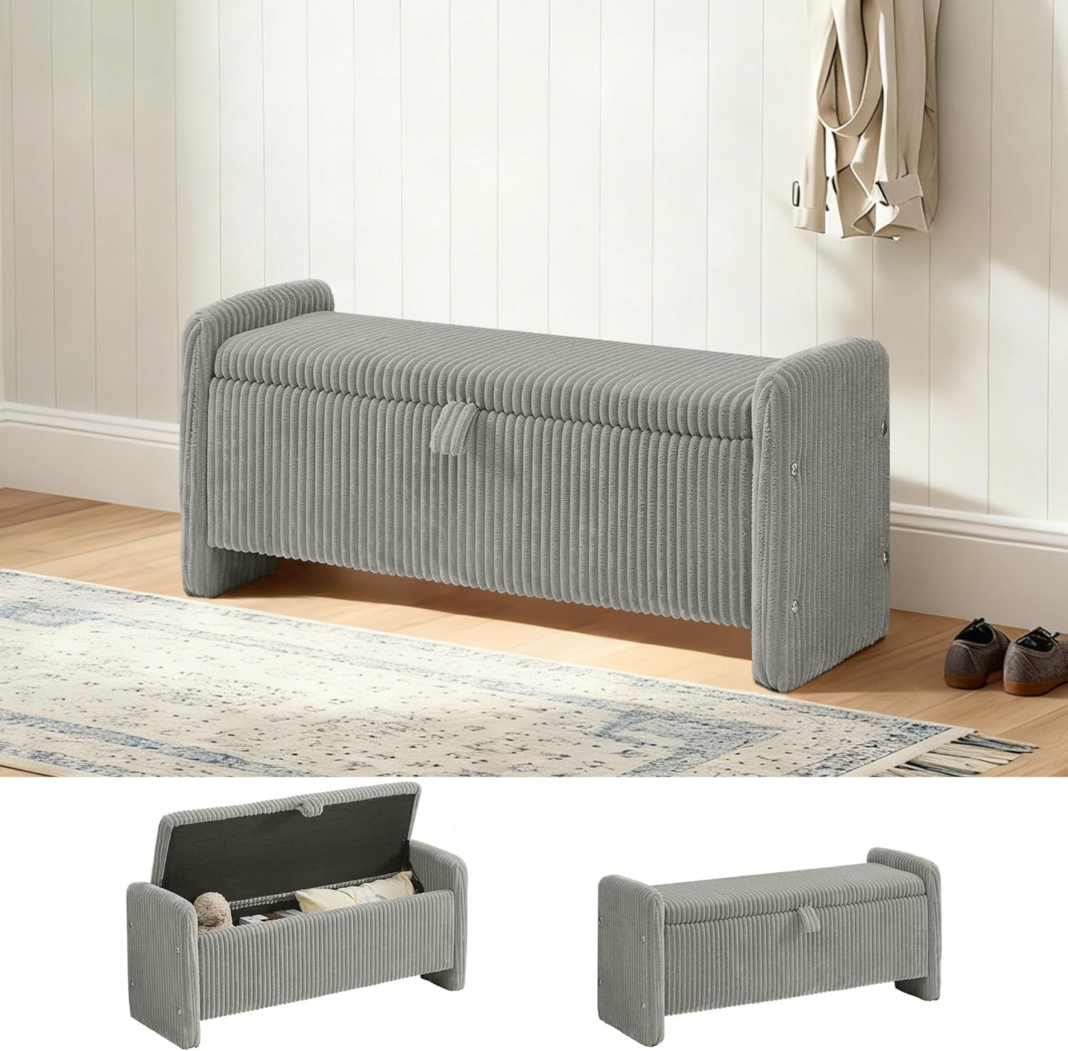 44" Storage Ottoman Bench, Upholstered End of Bed Storage Benches, Rectangle Ottoman with Storage for Bedroom, Entryway, Corduroy Grey