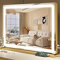 Vista 17 de ROLOVE - Espejo de tocador iluminado de 22 x 19 pulgadas con luces LED regulables, 3 modos de color, control táctil inteligente y base giratoria