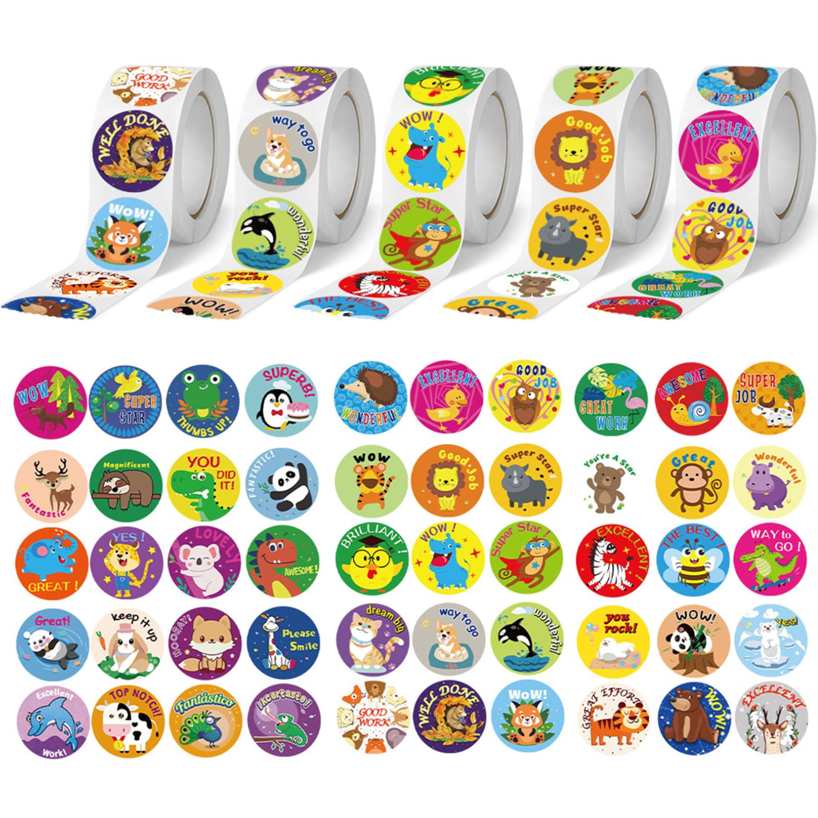 Reward Stickers for Children, Teacher Stickers 1 Inch Animals Motivational Self Adhesive School Reward Sticker, 50 Animal Designs for Children Students Teachers Classroom