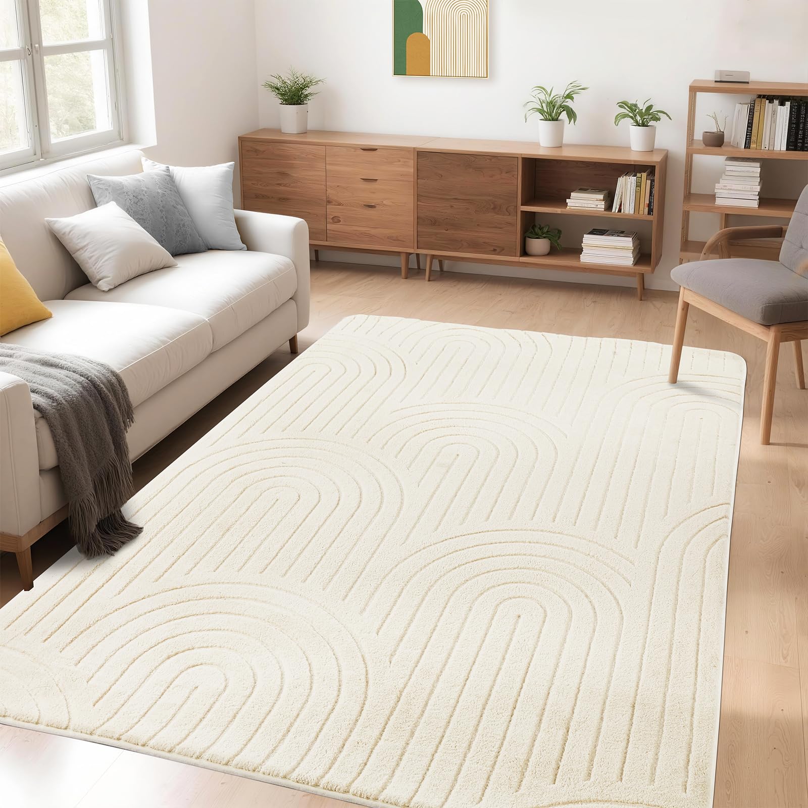 Puremy Wohnzimmerteppich, Kurzflor Teppich Wohnzimmer Schlafzimmer Kinderzimmer mit Hoch-Tief-Effekt, 3D Effekt, hohe Flordichte und angenehm weich, Moderner Bogenförmiges Design, 160x220cm, Beige