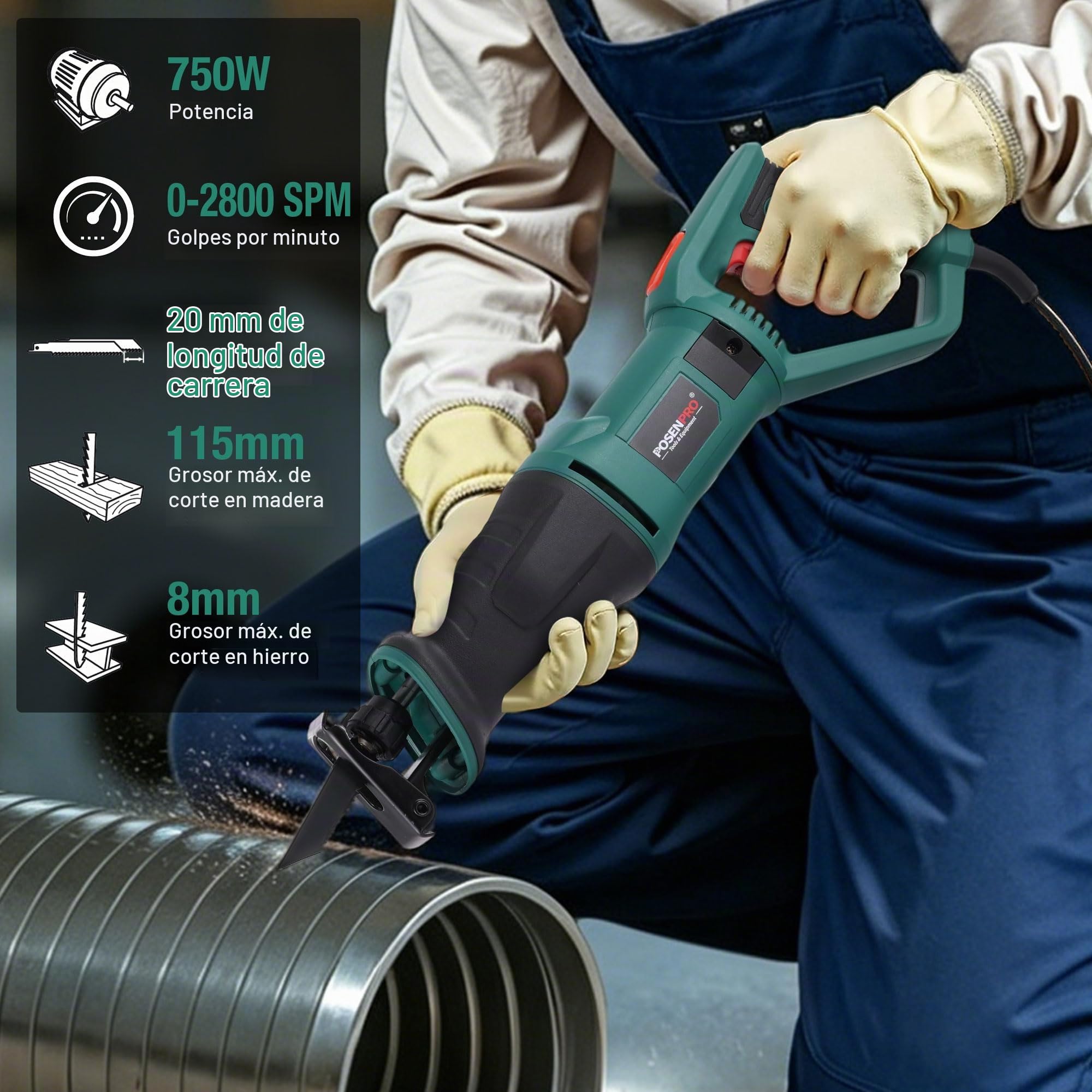 POSENPRO Sierra de Sable 750W, Sierra Eléctrica, 180° mango giratorio, Velocidad variable 0-2800 SPM, Cambio de Hoja sin Herramientas, 4 hojas, Para Cortar Madera, PVC y metal