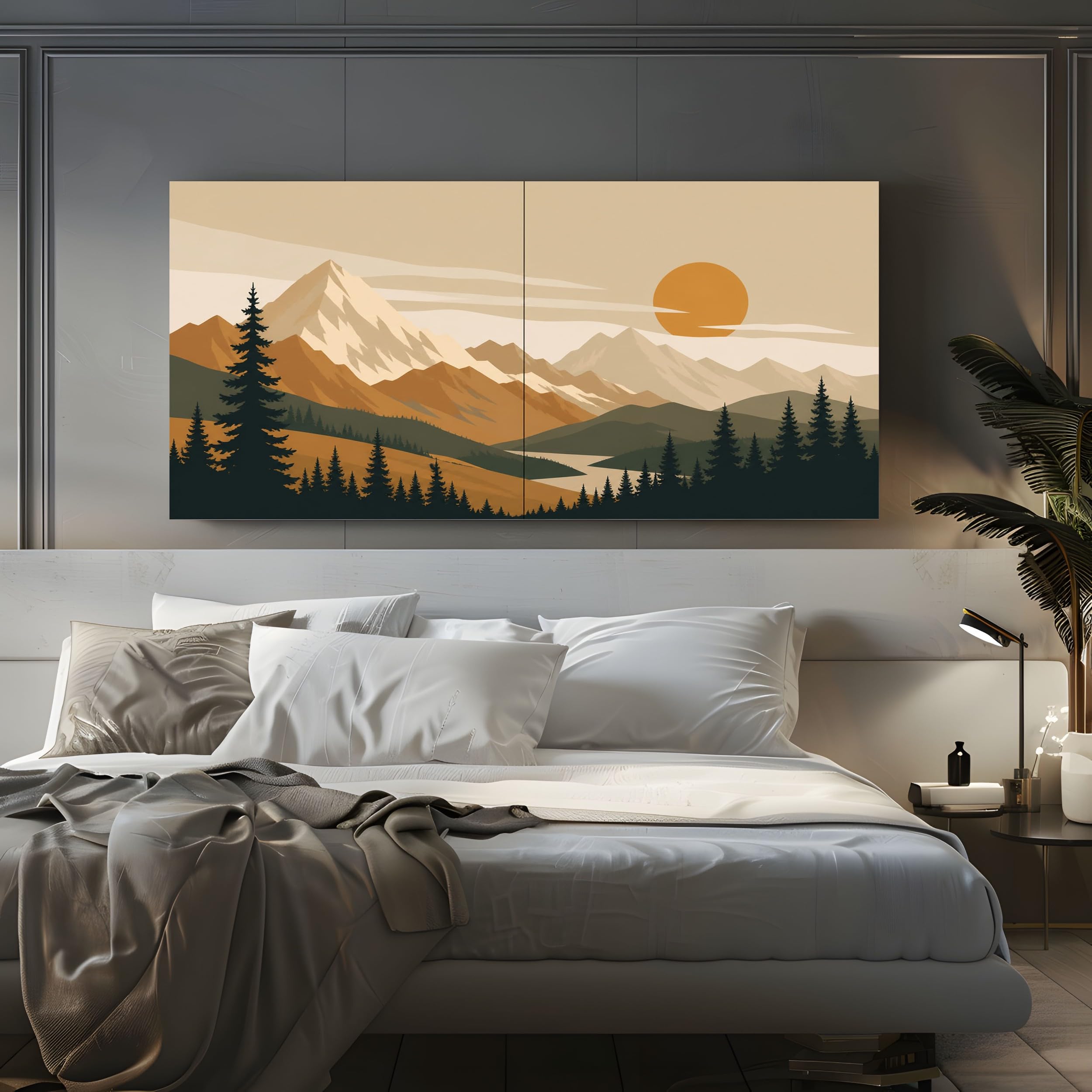 quadro grande soggiorno Tramonto Montano Retrò su tela 80x160cm con cornice