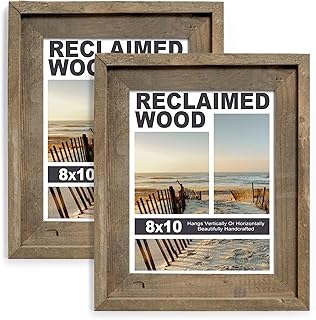Rustic 8x10 Picture Frame, Reclaimed Barnwood Photo Frame with Tempered Glass, Distressed Family Gallery Corner, Horizontal and Vertical Wall Mounting or Table-top Display, Set of 2
