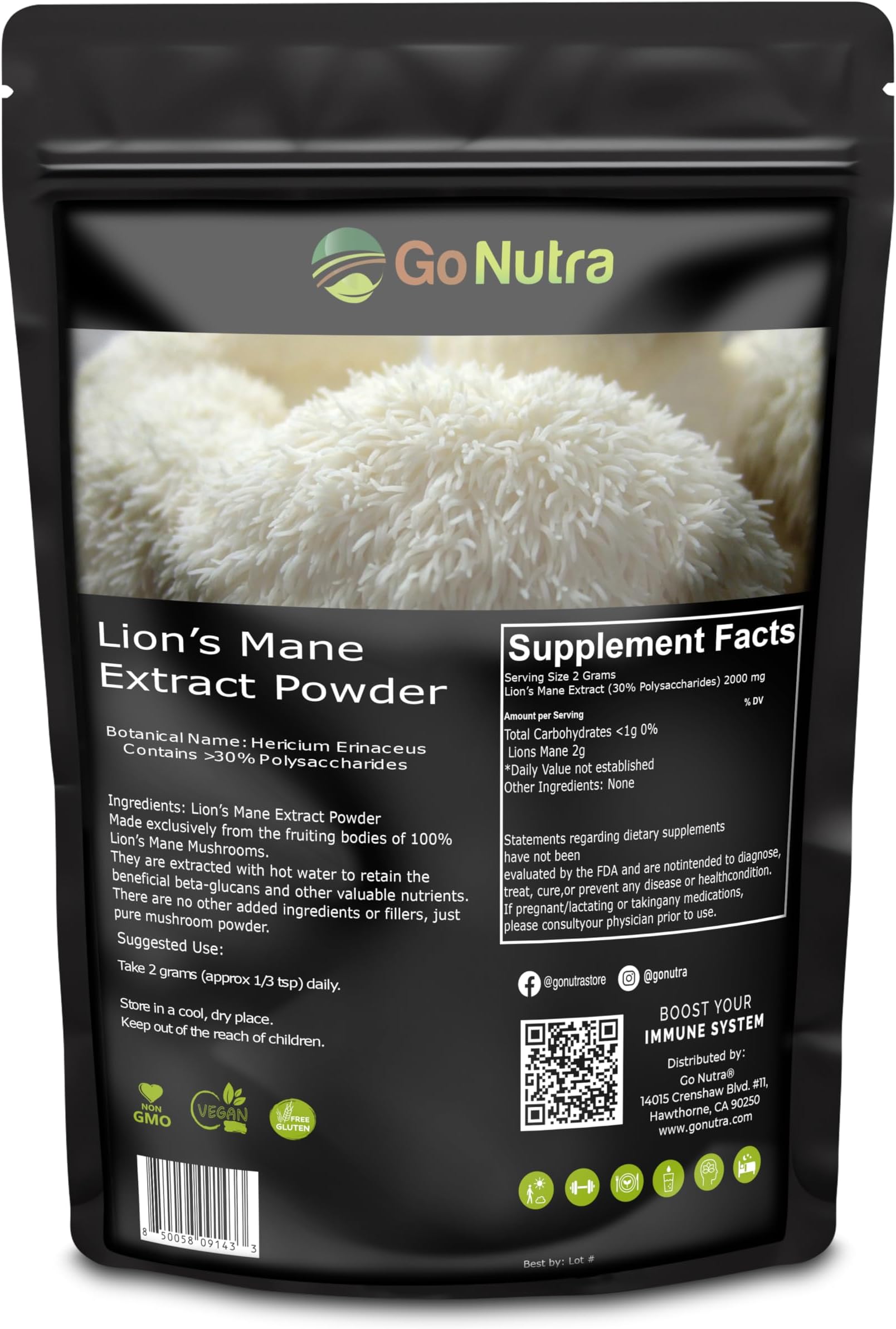 Go Nutra - Lion’s Mane Powder, Potent 10:1 Lion’s Mane Mushroom Powder with 30% Polysaccharides, Pure Lion’s Mane Extract for Tea, Juice, Water, and More, Non-GMO, Vegan, 8 oz