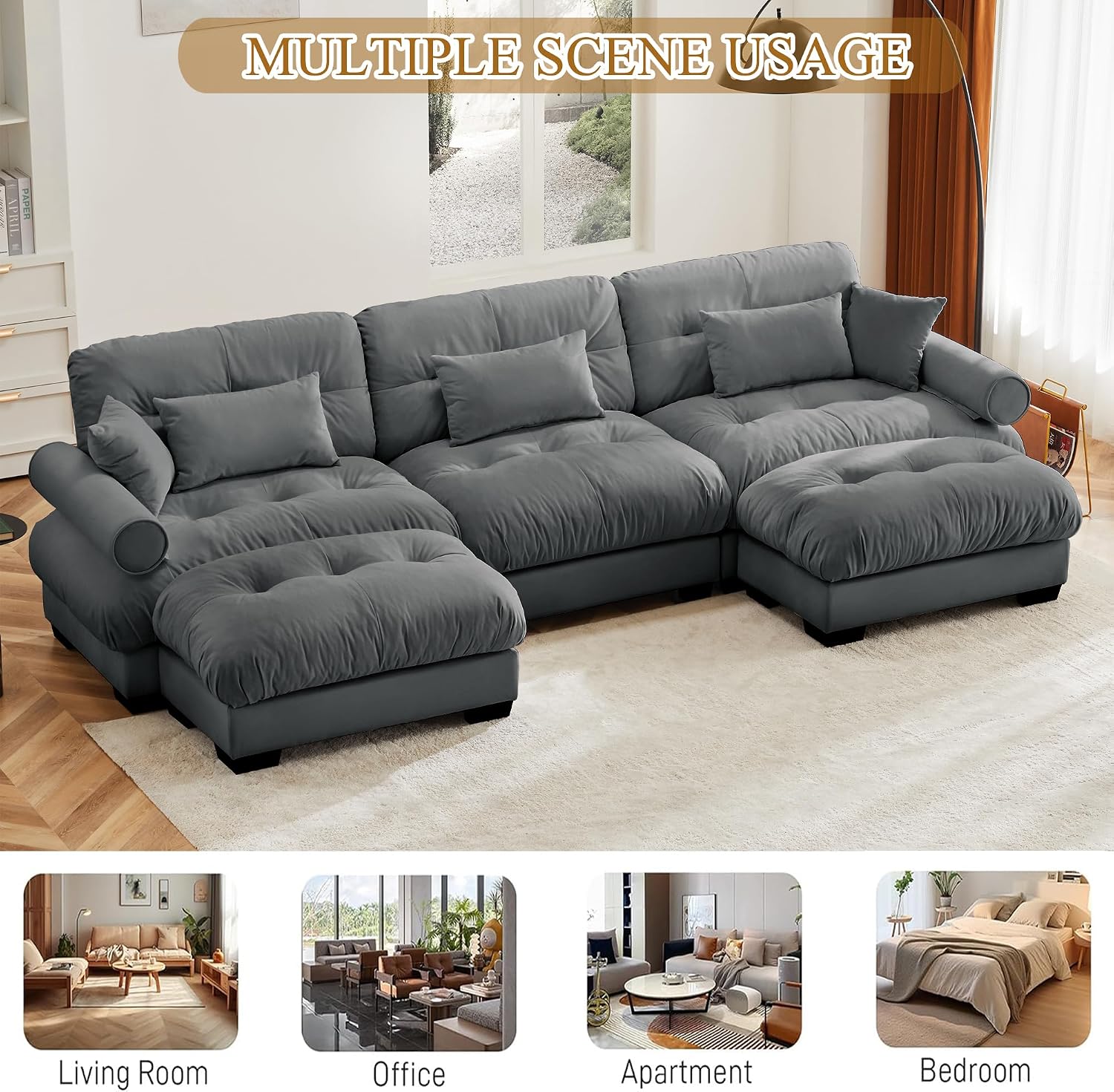 130" Modular Sectional Cloud Couch, Oversized 3-Seater Couch with 2 Ottoman, Comfy Velvet Fluffy Sofa, Deep Seat L Shaped Sectional Couches for Living Room