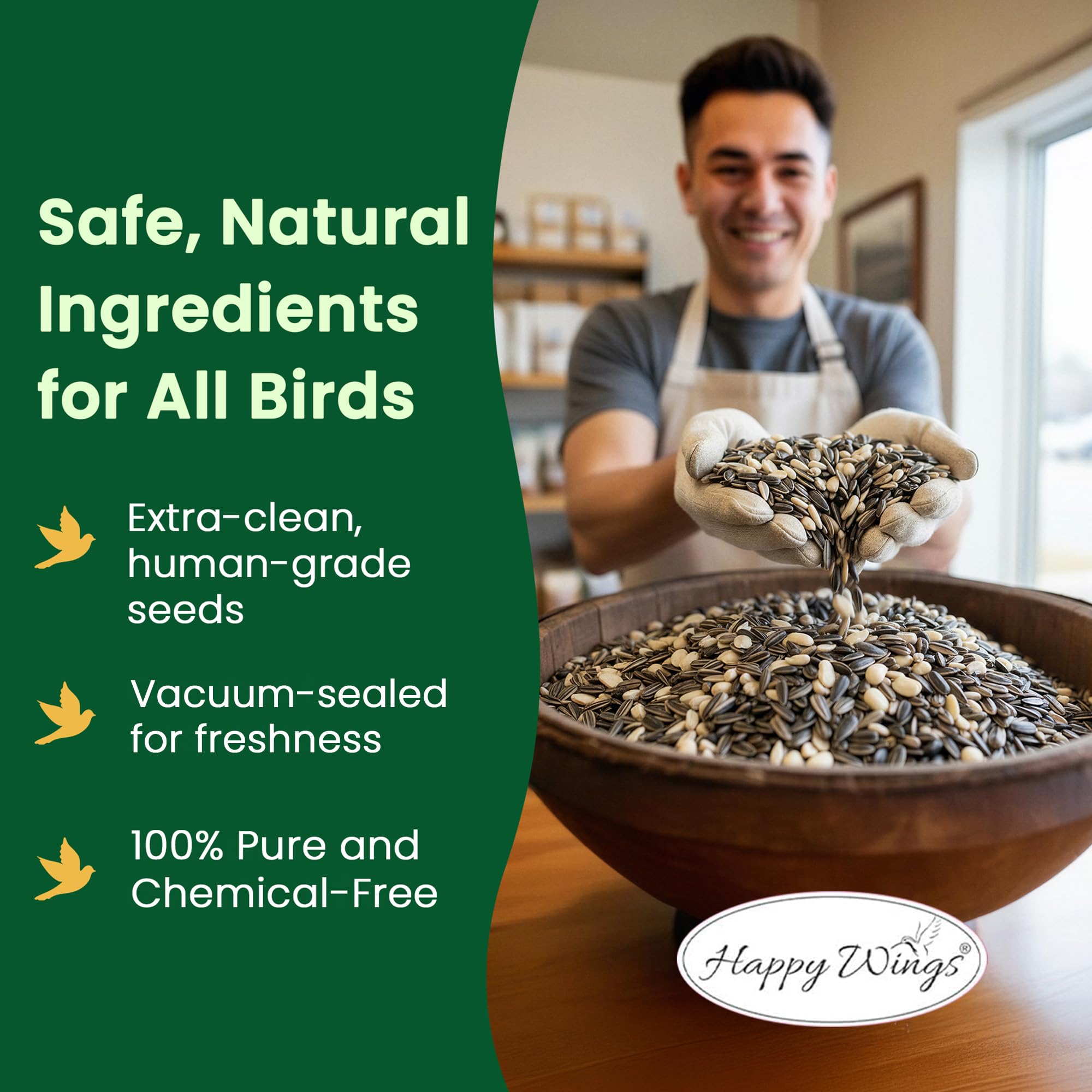 Happy Wings Comida para pájaros cantores sin crecimiento (mezcla de semillas de girasol/granos, semillas de cártamo y cacahuetes) - Alimento para pájaros altamente nutritivo (5 libras)