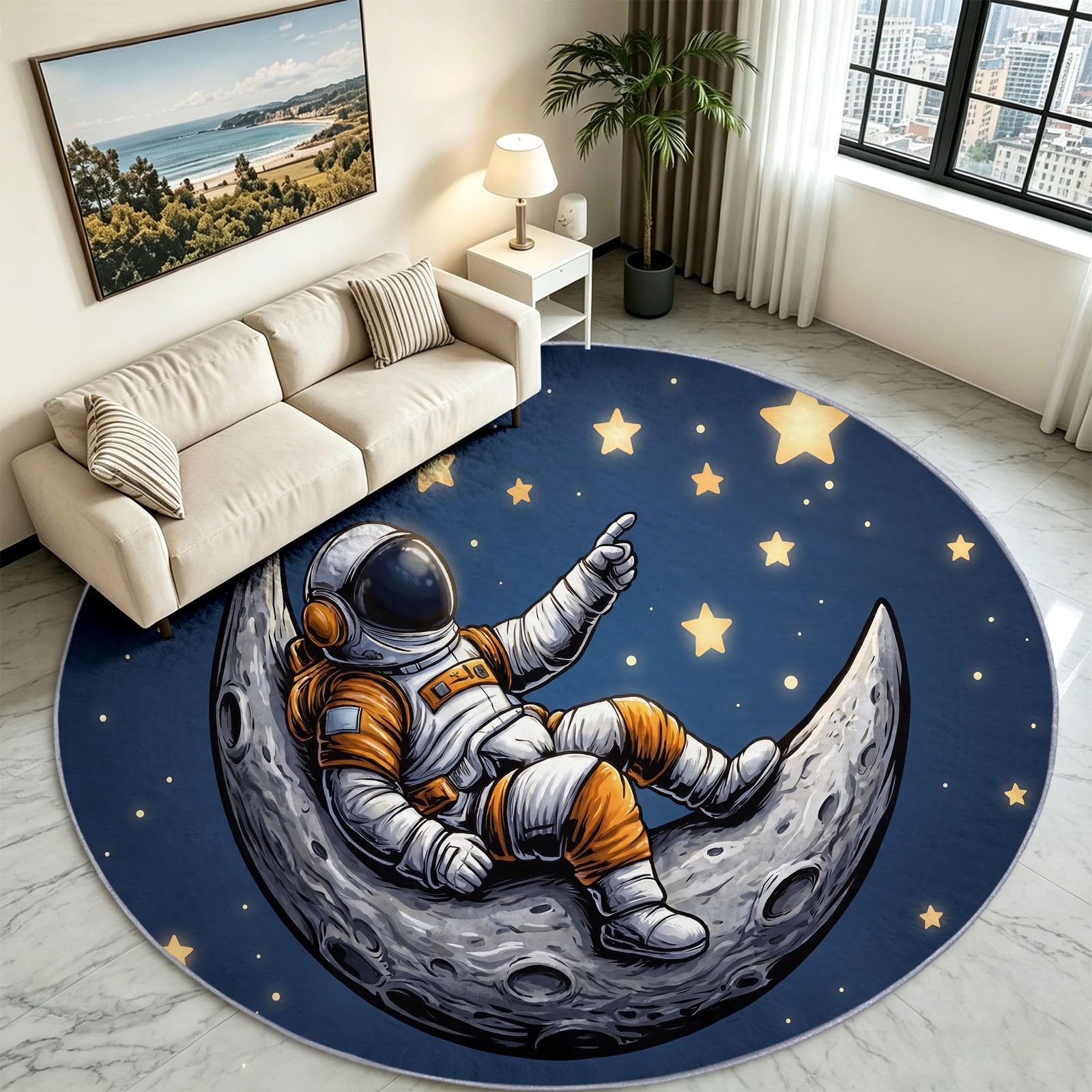Okrągły dywan z motywem kreskówkowym 60 cm, astronauta, księżyc, gwiazdy, antypoślizgowy, miękki, można prać w pralce, nie gubi włosia, dywany podłogowe do sypialni, salonu, pod krzesło, dla chłopców