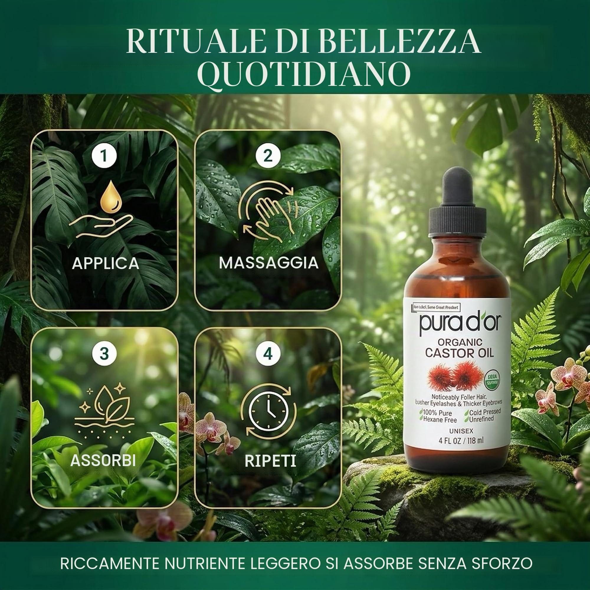 Pura D'Or Olio di ricino (118 ml) 100% puro olio naturale per crescita di peli, sopracciglia, ciglia Olio senza esano pressato a freddo per idratare e curare la pelle secca