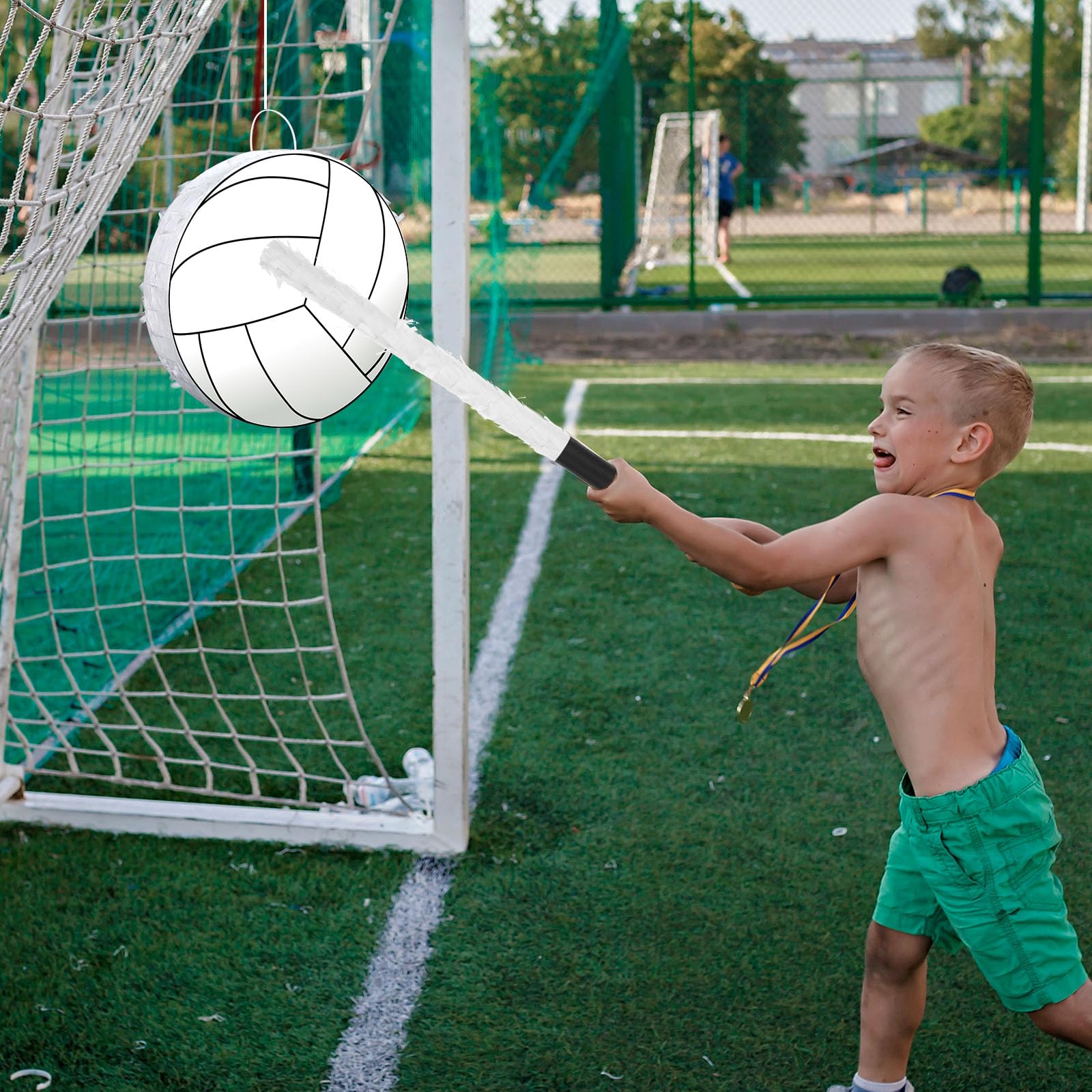Pasimy Piñata de voleibol para fiesta de cumpleaños de 15.6 x 15.6 pulgadas, piñata de fiesta temática deportiva con palo y venda para los ojos, piñata de voleibol, suministros de fiesta de cumpleaños