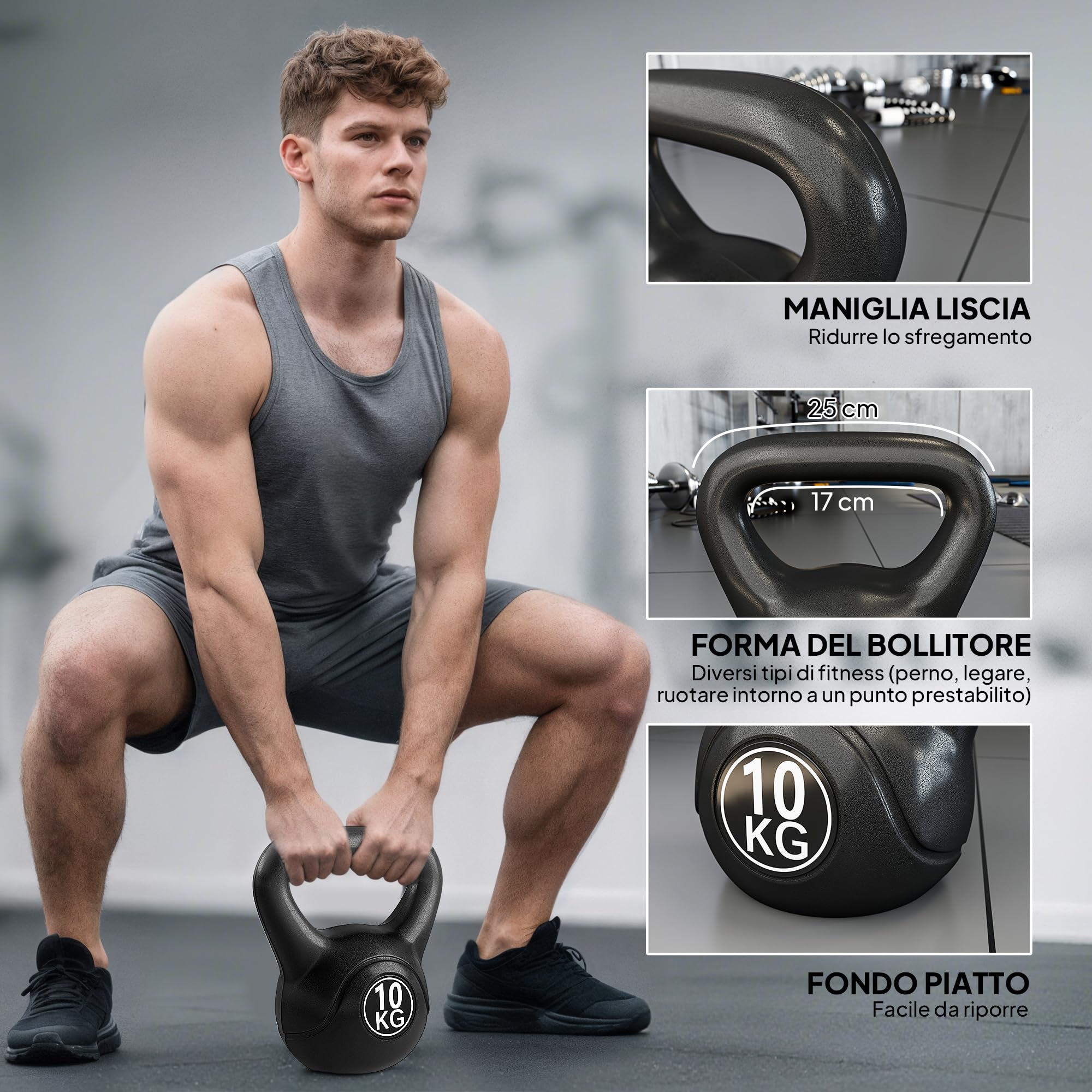 HOMCOM Kettlebell 4/6/8/10/12kg per Sport e Fitness con Base Piatta e Impugnatura, Kettlebell Pesi per Allenamento Home Gym Casa e Palestra, Nero