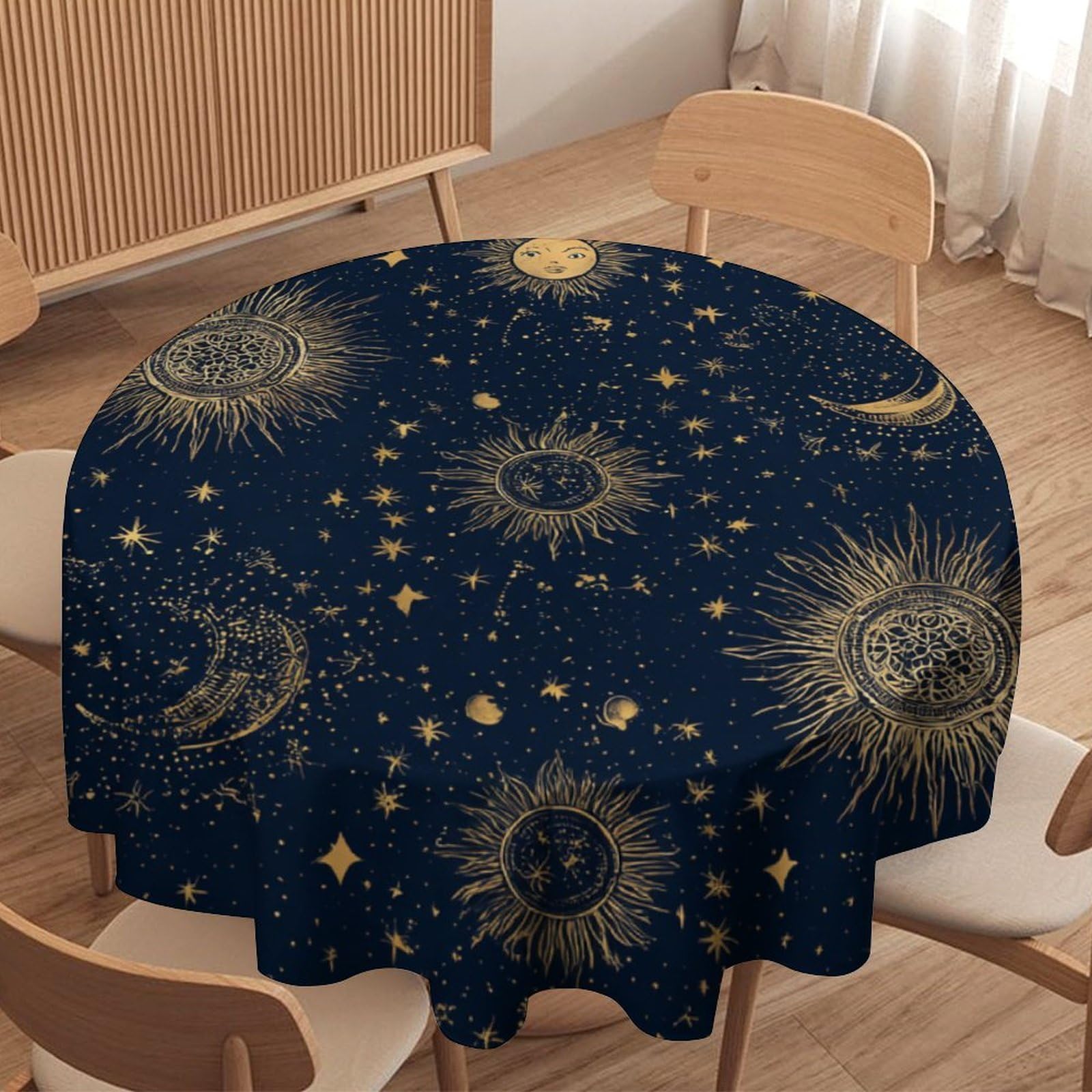 LUYYSKY Beautiful Classic Moon Sun Waterproof Round Tablecloth Vintage Watercolor Constellation Galaxy Blue Gold Print Washable Table Cover for Kitchen-177.8" Wx177.8 L cm