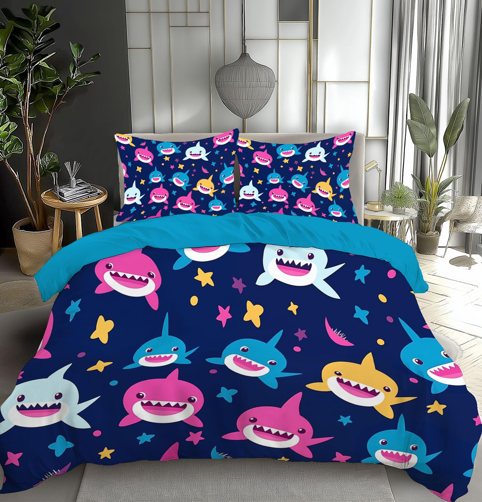 Parure de Lit avec Fermeture Éclair anti-glisse Housse Couette Requin