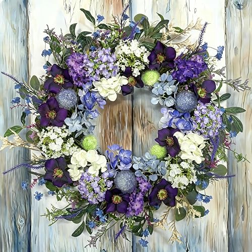 24-Inch Colorful Flower Wreath for Front Door – Hydrangeas, Lavender