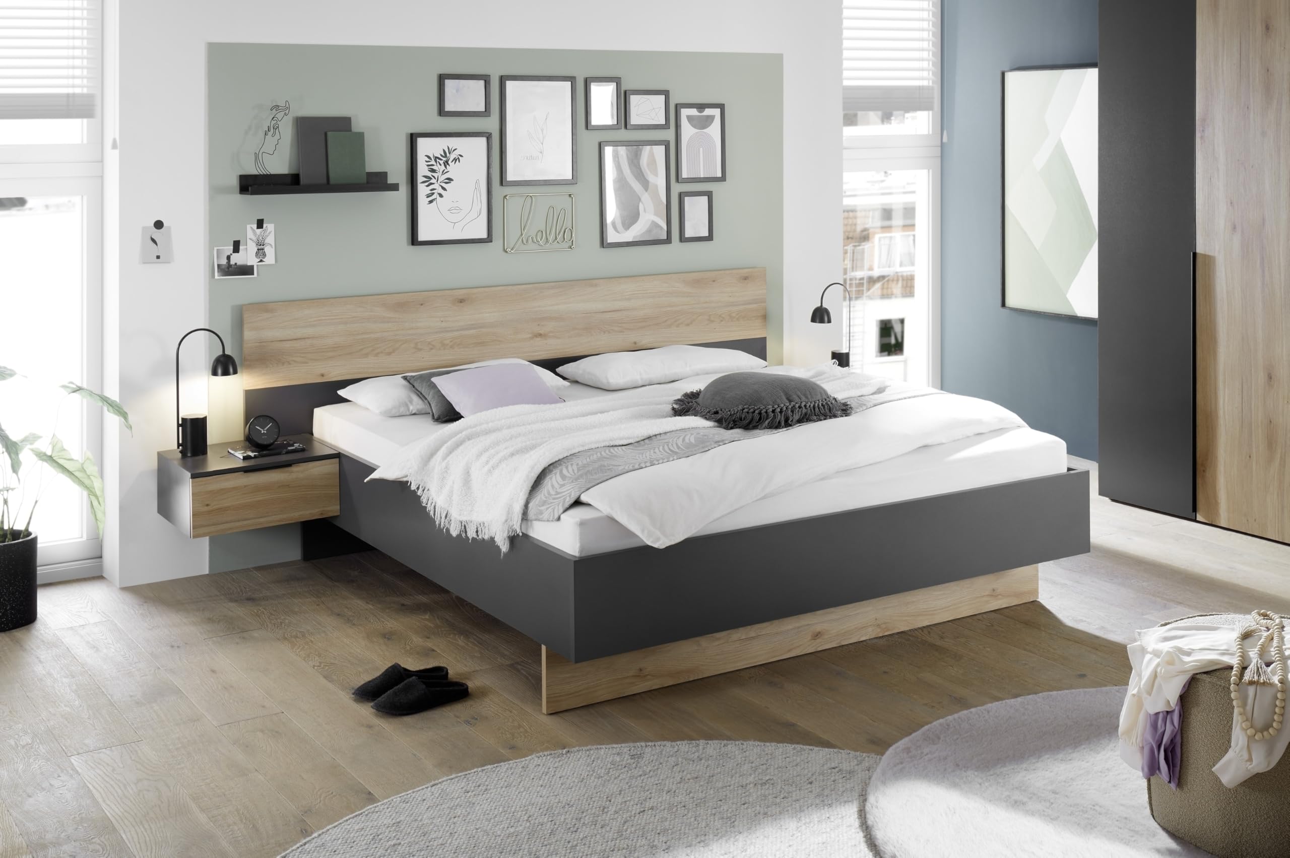möbelando Bettanlage >Aska< Modernes Bett mit 2 Nachtkommoden, Stauraum, 180x200 cm Liegefläche, Graphit und Mauvella Eiche Dekor, Pflegeleichte Oberfläche, zerlegt geliefert, 285x95x205 (BxHxT)
