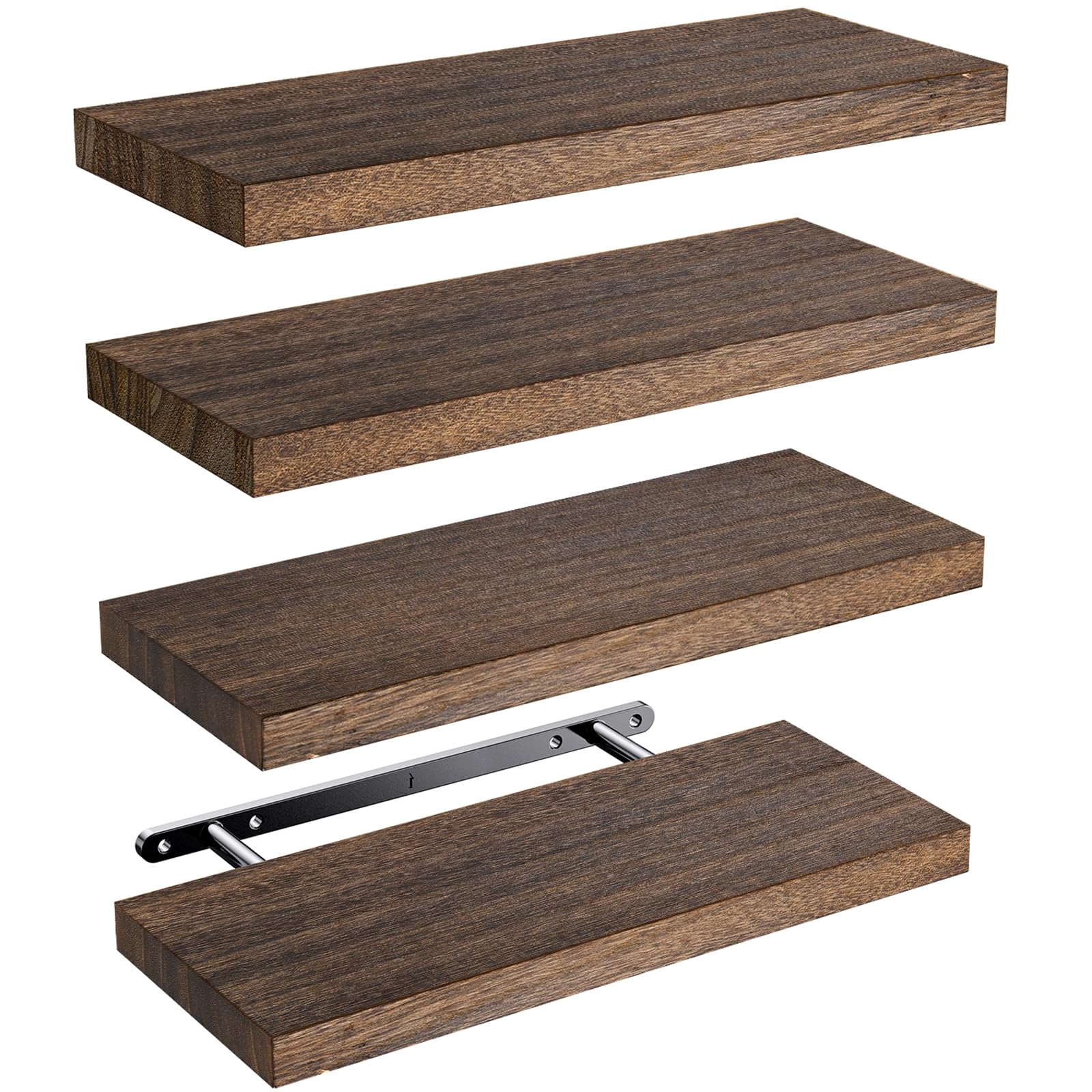 AMADA HOMEFURNISHING Floating Shelves, 40cm Paulownia Wood Wall Shelves for Living Room/Bedroom/Kitchen/Home Office, Wood Floating Shelf for Home Storage & Organization, Set of 4, Brown