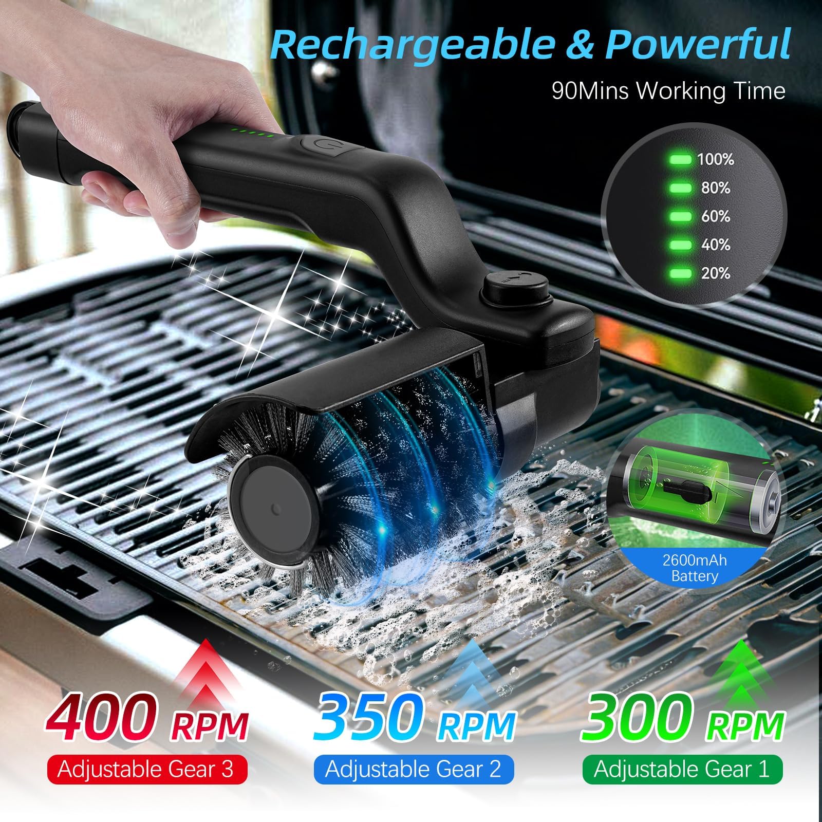 ZVD Pulisci Griglia BBQ Elettrico, Spazzola Ricaricabile per la Pulizia Del Griglia Senza Fili con 3 Velocità e 2 Testine, 180° Regolabile Setole Acciaio Inox Strumento di Pulizia per BBQ Griglia (#1)