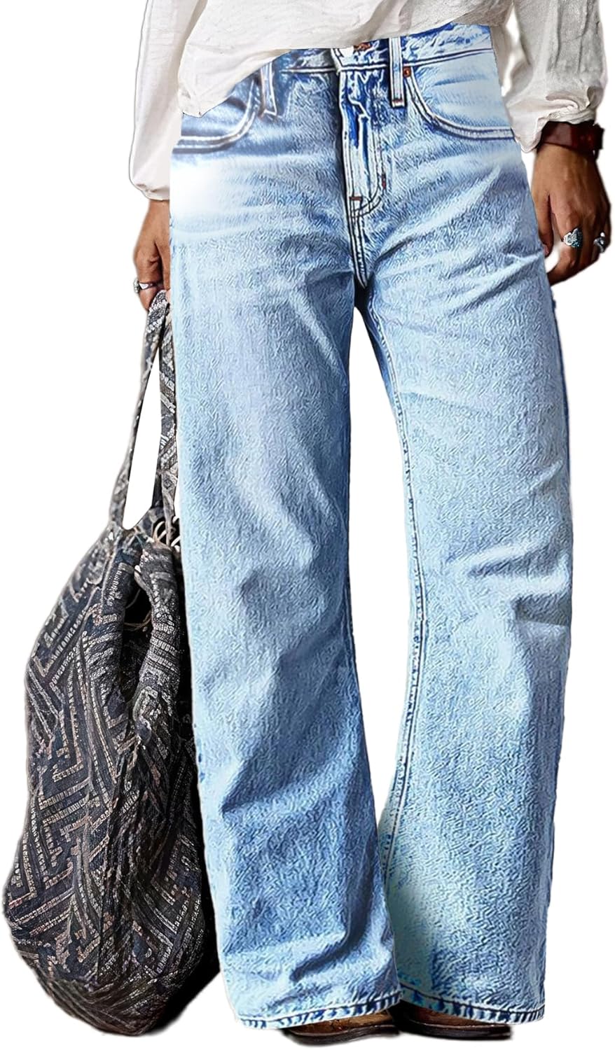 Flamingals Women’s Mid Waist Wash Stretchy Straight Leg Jeans Stylish Hem Design Casual Long Denim Pants