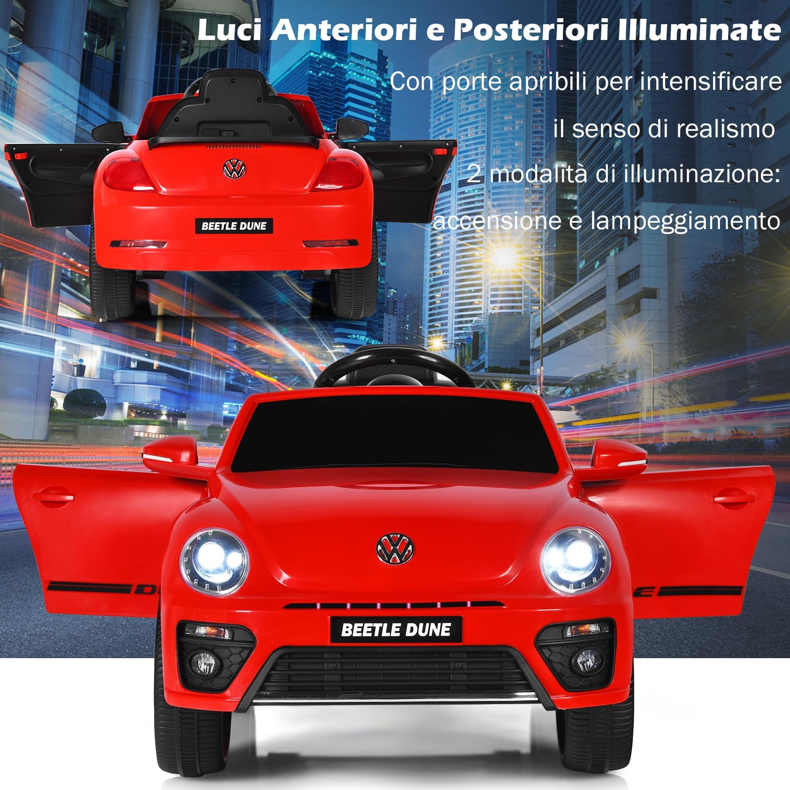 RELAX4LIFE 12V Macchina Volkswagen Elettrica per Bambini con Telecomando 2,4G, 5 km/h, Luci, Musica, Slot USB, Clacson, 2 Portiere Apribili, 3-8 Anni, Carico 30 KG, Cintura di Sicurezza, ROSSO