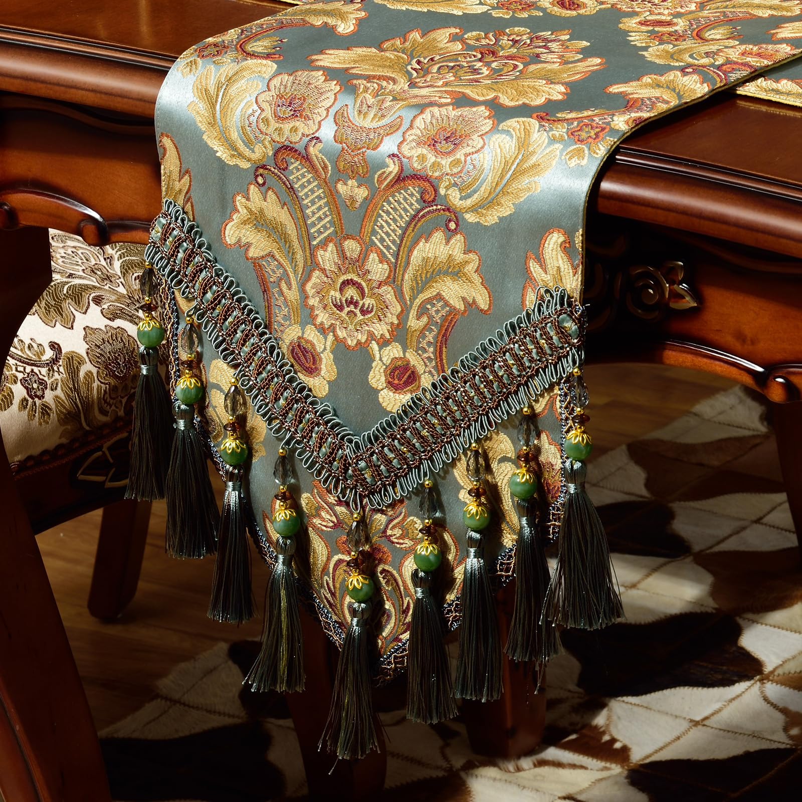 Luxury Velvet Blue Table Runner 90 Inches Long with Vintage Damask Jacquard Design for Dining Room,Living Room,Home Decor,Elegant Beaded Tapestry,Lining (Dark Cyan, 13×90 inch)