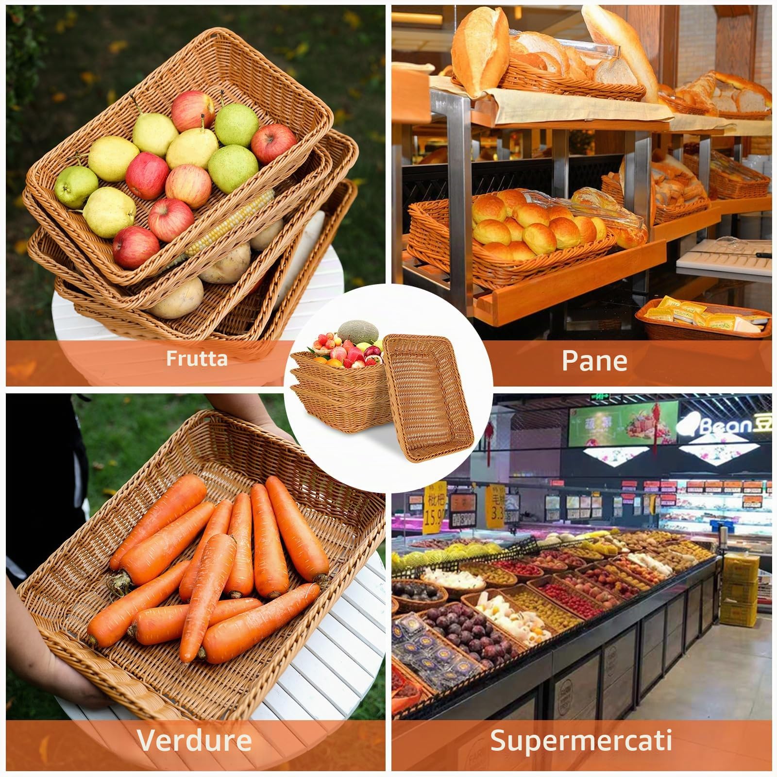 DAJAVE Set di 4 Mini Cestino in Vimini per Alimenti, 35 x 25 x 7 cm Caramelle, Gelatine e Frutta - Cesto Piccolo, Cestino Vimini, Contenitore per Alimenti - Cestino Vimini Piccolo Ideale