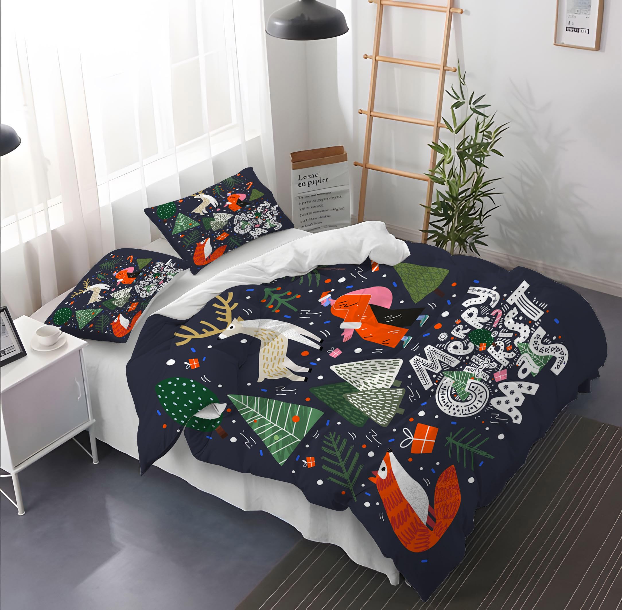 Wesoły Świąteczny Zestaw Pościeli 240 x 220 cm Uroczy Reniferowy nadrukowany Pokrowiec na Kołdrę Zielony Zestaw Pościeli Z Choinką dla Chłopców I Dziewcząt Poszewka na Kołdrę Z Wzorem Li