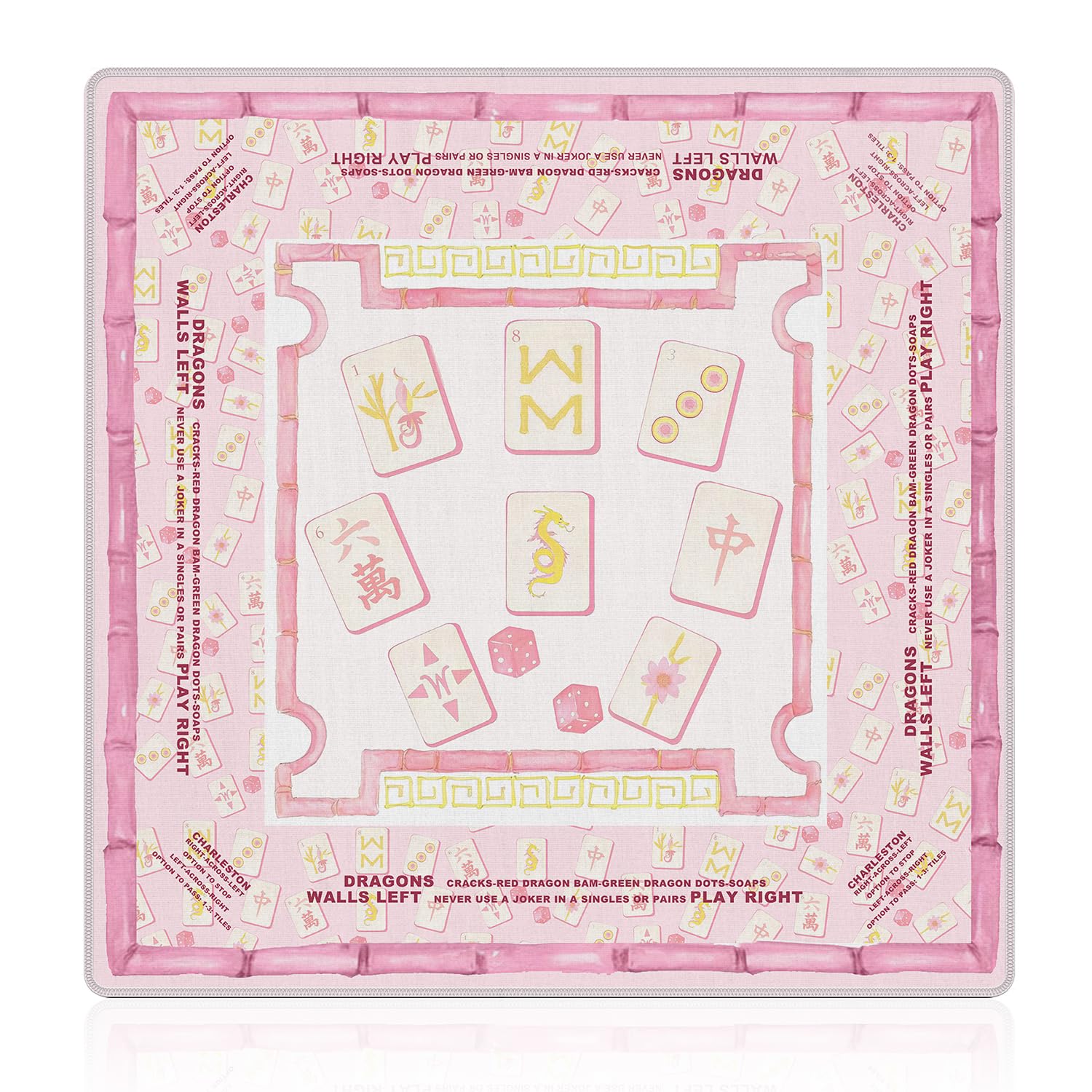 NATSUNO Pink Chinoiserie Mahjong Mat (31.5″x31.5″), Grandmillennial Pink and Gold Chinese Non-Slip Noise Reduction Mahjong Table Mat for American Mah Jong Poker Board Games Card Games Dominoes