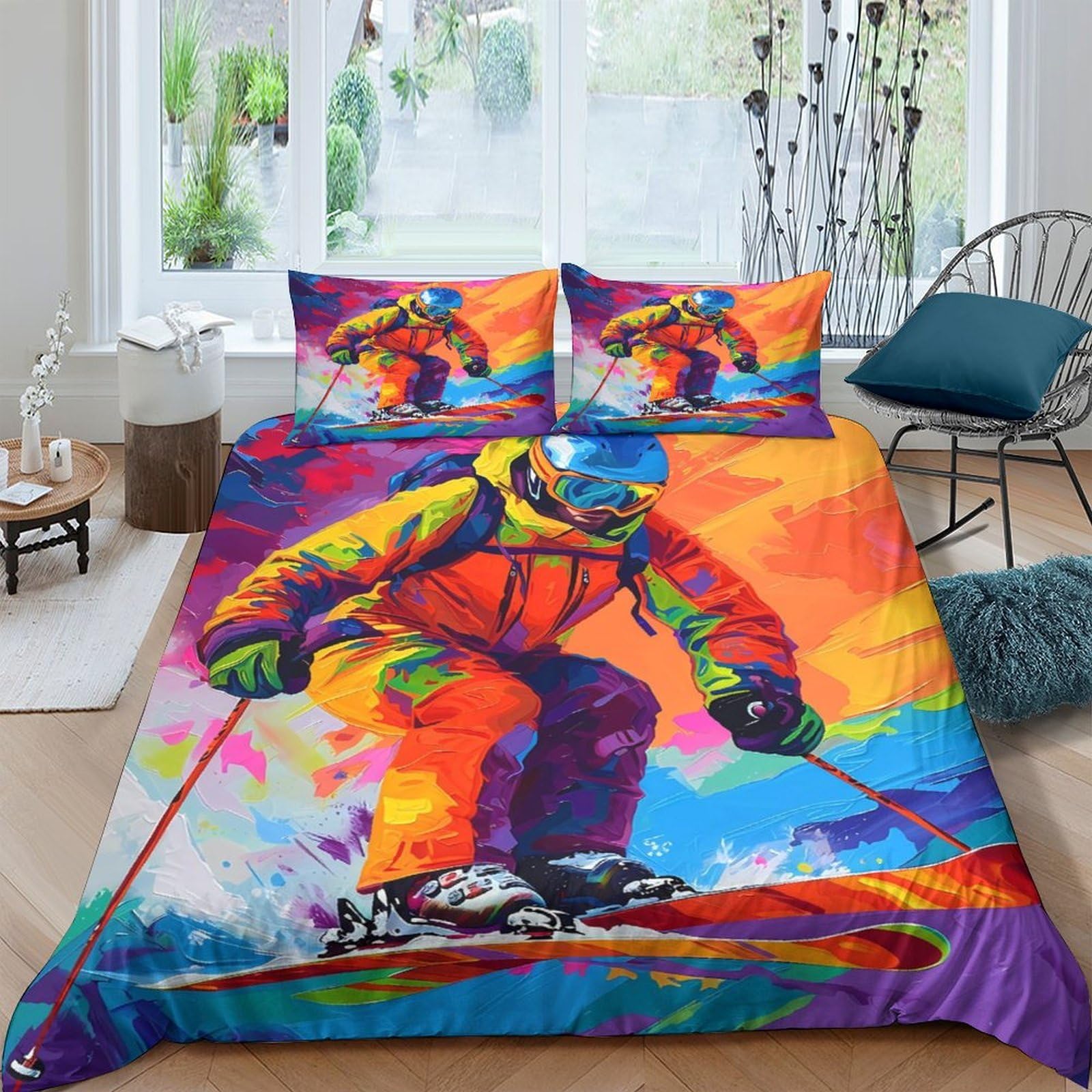 Ctjqhvkz Style-6 3D Printed Colorful Skiing Fitted Sheet Microfiber Soft Vibrant Sports Art Mattress Cover For Bedroom Dorm Decor Single（135X200cm）