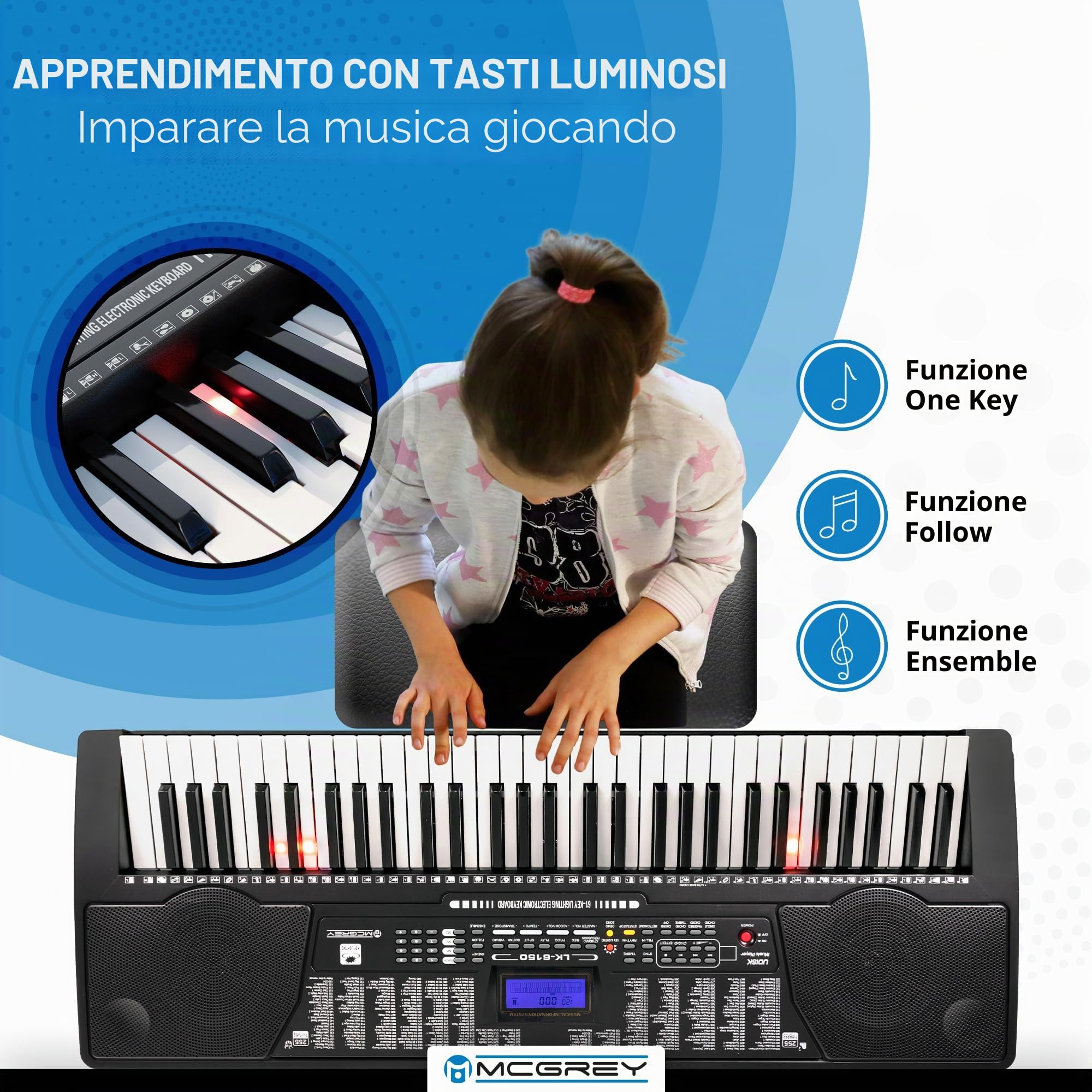 McGrey LK-6150 Keyboard 61 Tasti con Tasti Luminosi e MP3-Player, 255 suoni | Keyboard per principianti con 61 tasti luminosi, Display LC, 255 ritmi, 61 suoni percussione, 50 brani demo, Sustain/ Vibrato