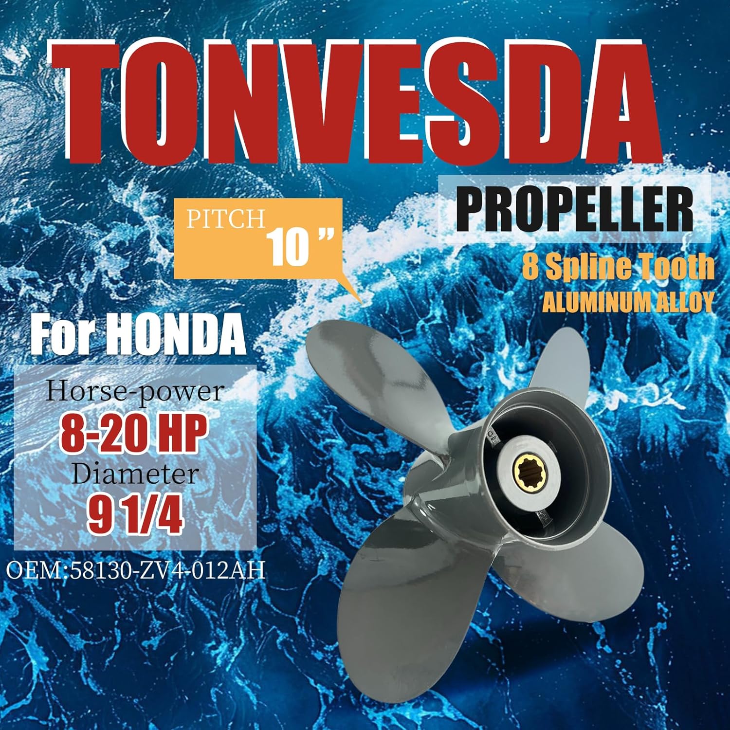 OEM Upgrade Outboard Boat Aluminum Propeller 9 1/4x9 9 1/4x10(4Blade) for Honda Engines,8/9.9/15/20 HP 8 Spline Tooth