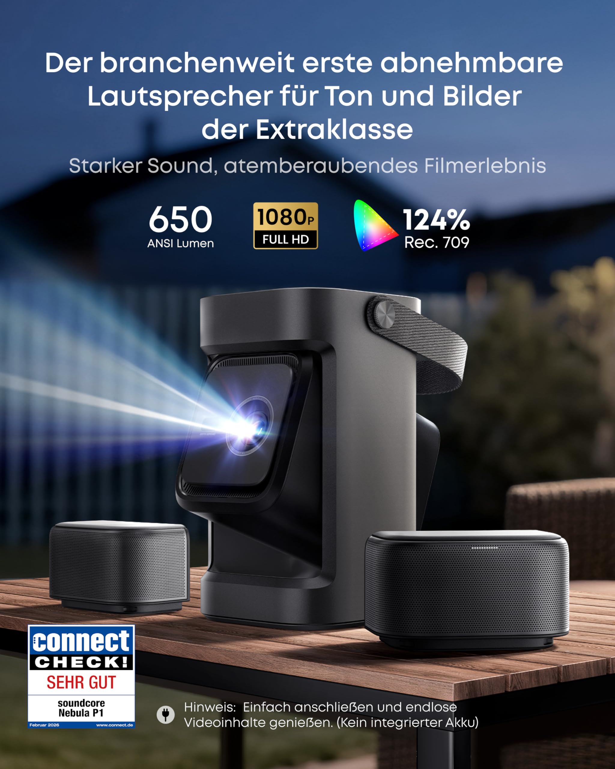 Nebula by Anker P1 Tragbarer Projektor, kabellose, abnehmbare Lautsprecher | 1080P, 650 ANSI Lumen, 20W 2.0 Surround Sound, 130° Dual-Arm Gimbal, Auto-Bildanpassung, 120" Bildschirm, Tragegriff, GTV