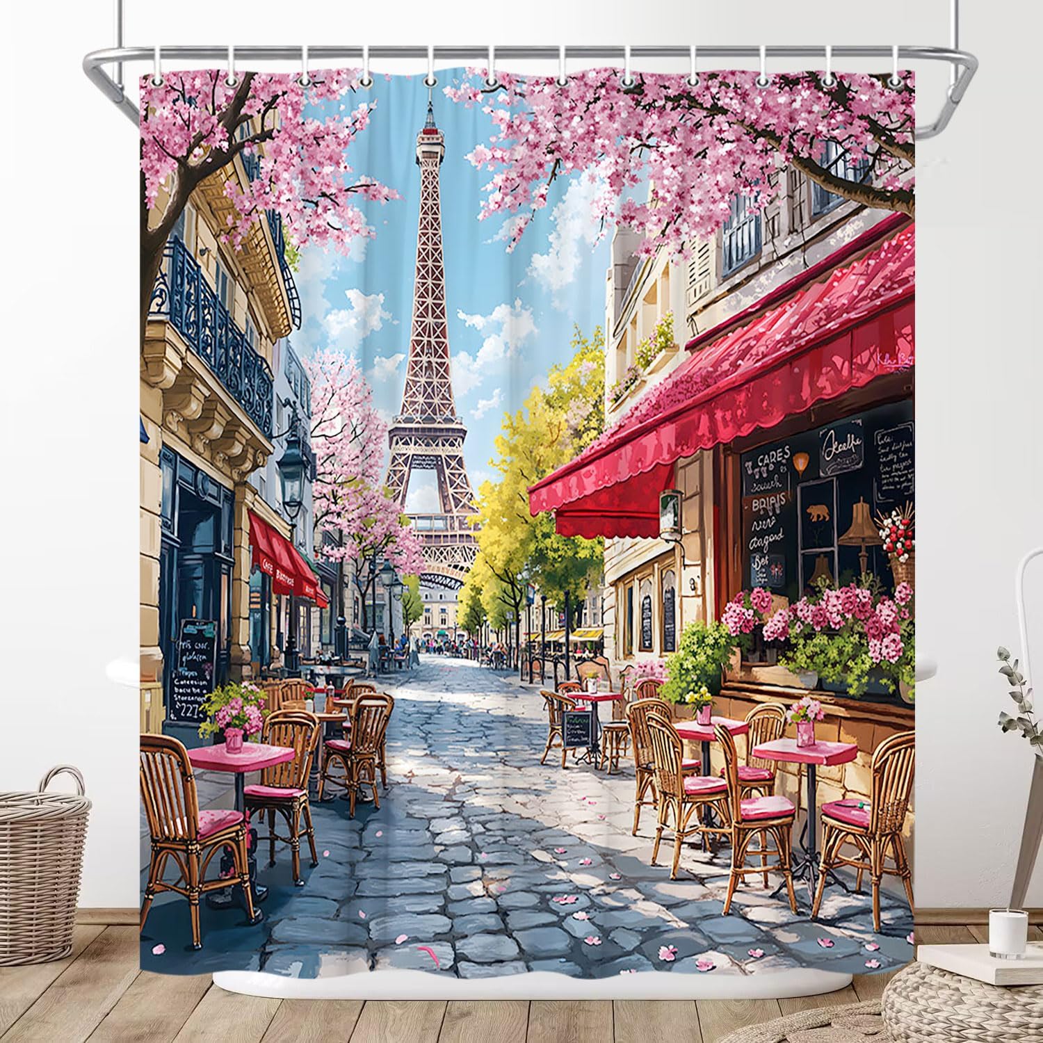 French Paris Eiffel Tower Shower Curtain Oil Painting European City Street Landscape Modern Romantic Vintage Scenery Pink Floral Bathroom Decor Curtains 86x70 inch with Hook