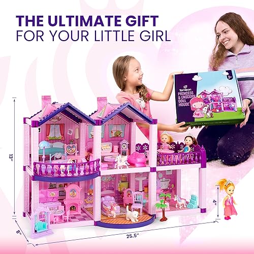 Miniatura 3 de Casa de muñecas con 2 princesas, 4 unicornios, perro, muebles y accesorios – Casa de muñecas de ensueño rosa y morado juguete para niñas pequeñas