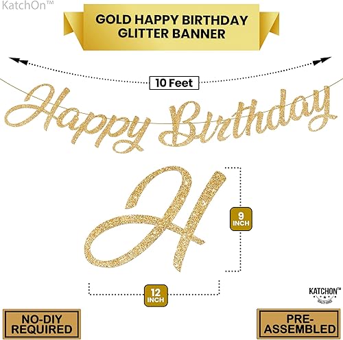 Miniatura 4 de KatchOn, Pre-Strung, Gold Glitter Happy Birthday Banner - 10 Feet, No DIY  Gold Birthday Party Decorations  Gold Happy Birthday Sign for Gold Happy
