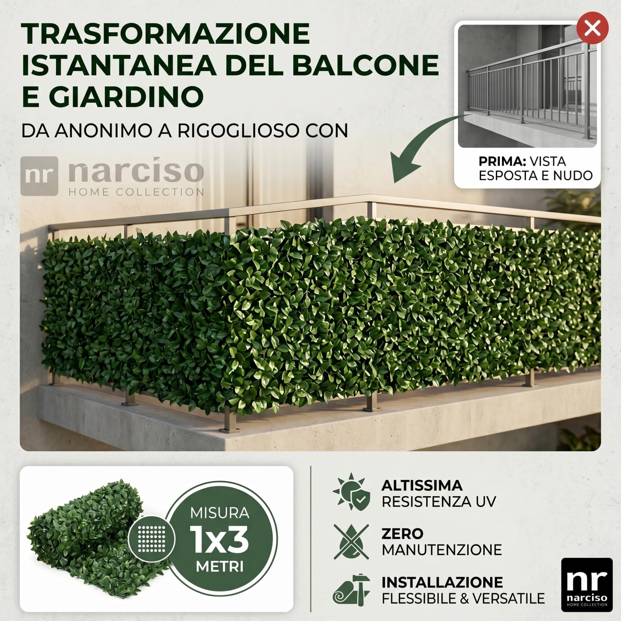 NARCISO Siepe Artificiale da Esterno Set 3pz 1x3 Metri, Siepe Finta per Recinzione Giardino Esterno, Edera in PVC Perfetta per Garantire Privacy Copri Ringhiera Balcone e Frangivista Giardino