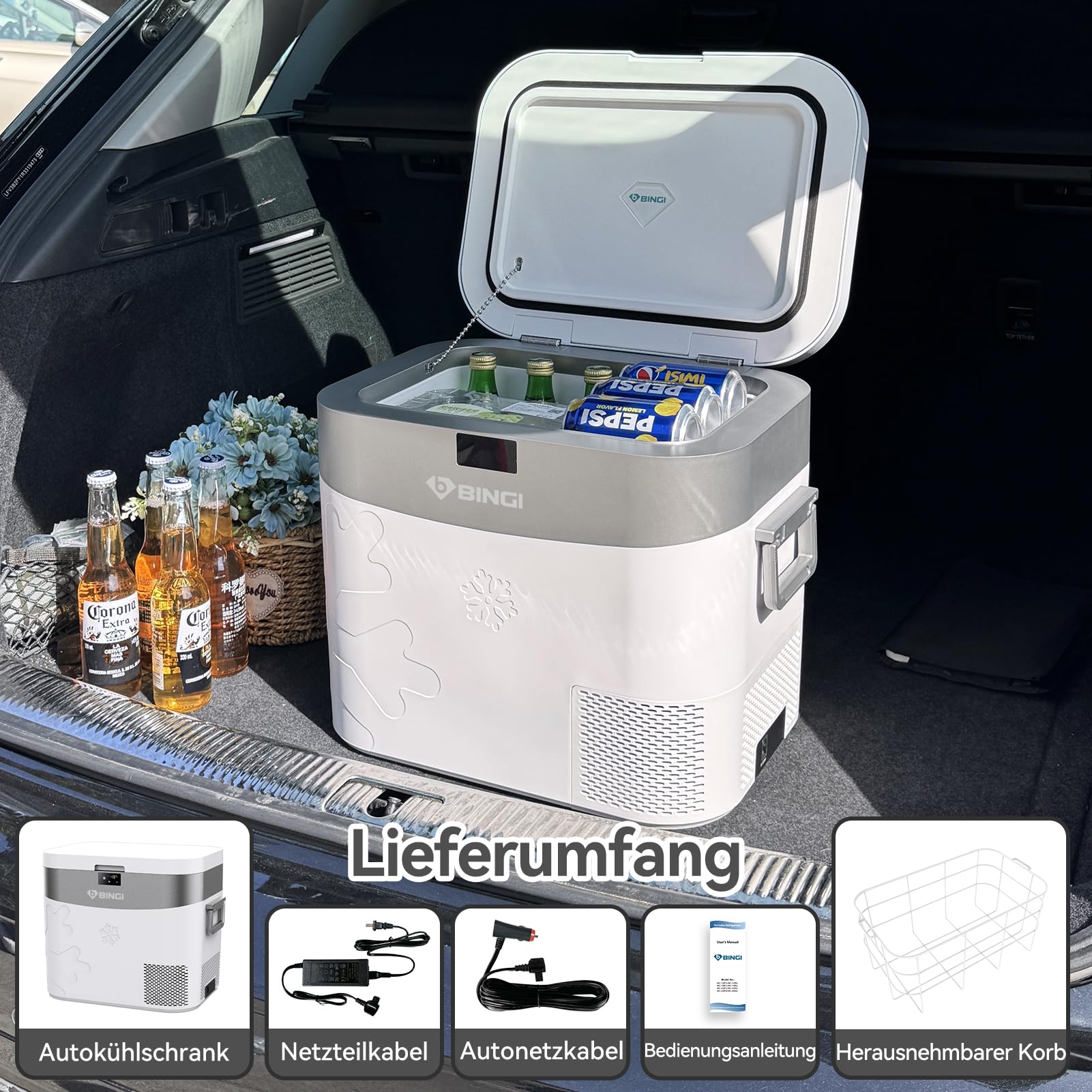 BINGI Kompressor Kühlbox 22L Mini Tragbarer Elektrischer Kühlschrank 12/24V DC Elektrischer Gefrierschrank Tragbarer Gefrierschrank für Auto LKW Picknick Camping und Heimgebrauch