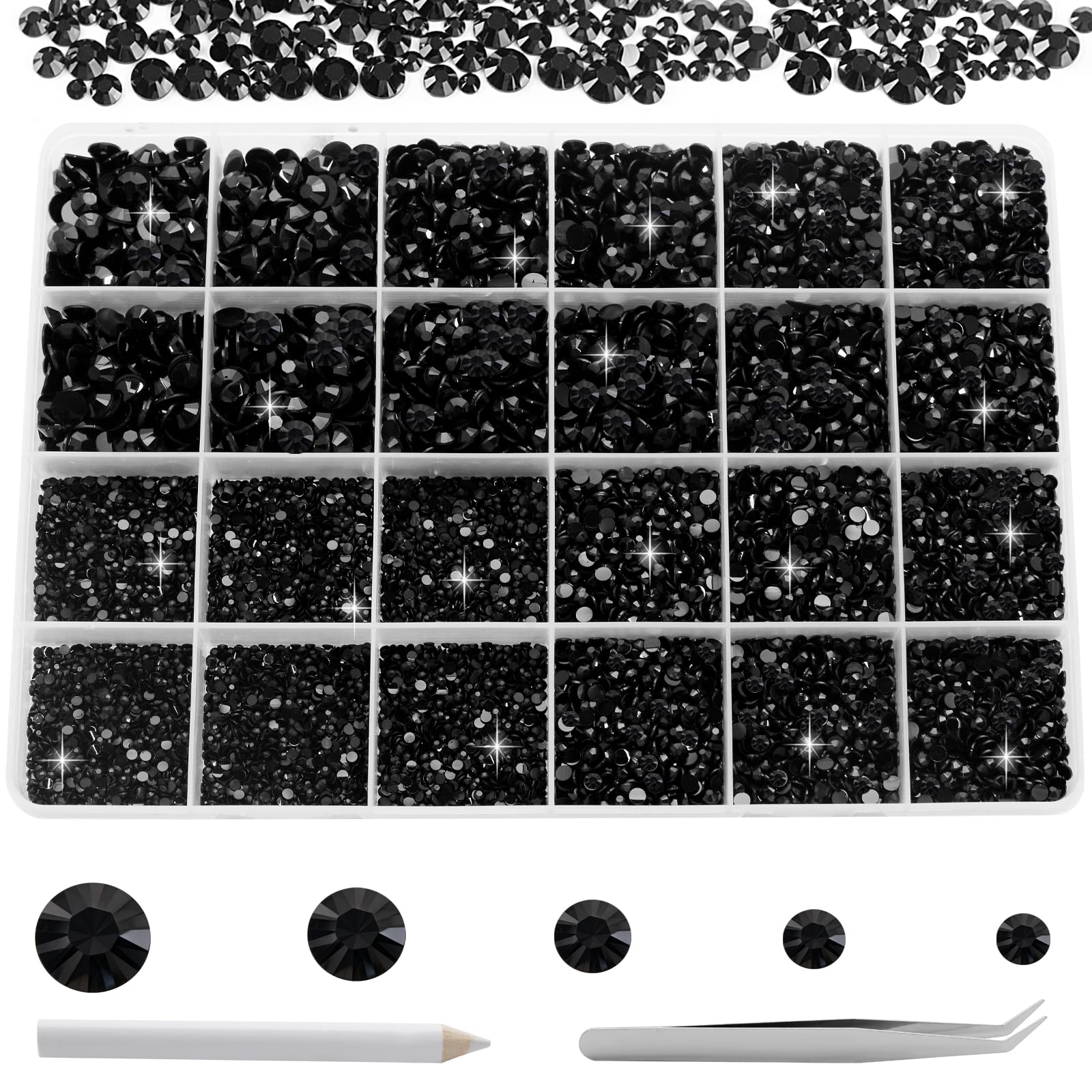 Strasssteine Nägel, 24 Farben Glitzersteine zum Basteln, Runde Glitzer Edelsteine Rhinestones mit Pinzette und Wachsstift, Strasssteine Set für DIY Nägel Handwerk (Schwarz)