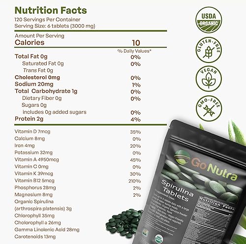 Miniatura 6 de Go Nutra Tabletas de espirulina orgánica Superalimento de espirulina orgánica densa en nutrientes Proteínas, vitaminas, minerales, fibras