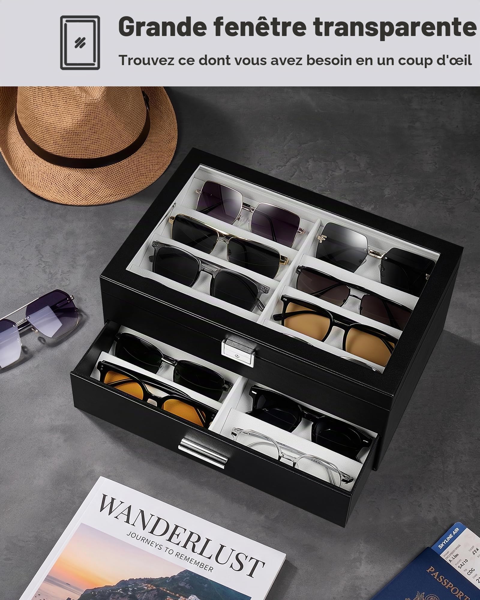 ProCase Boîte à Lunettes pour Homme, Rangement pour Paires Lunettes de Soleil, avec Couvercle Transparent et Serrure en Métal, Étui Élégant en PU