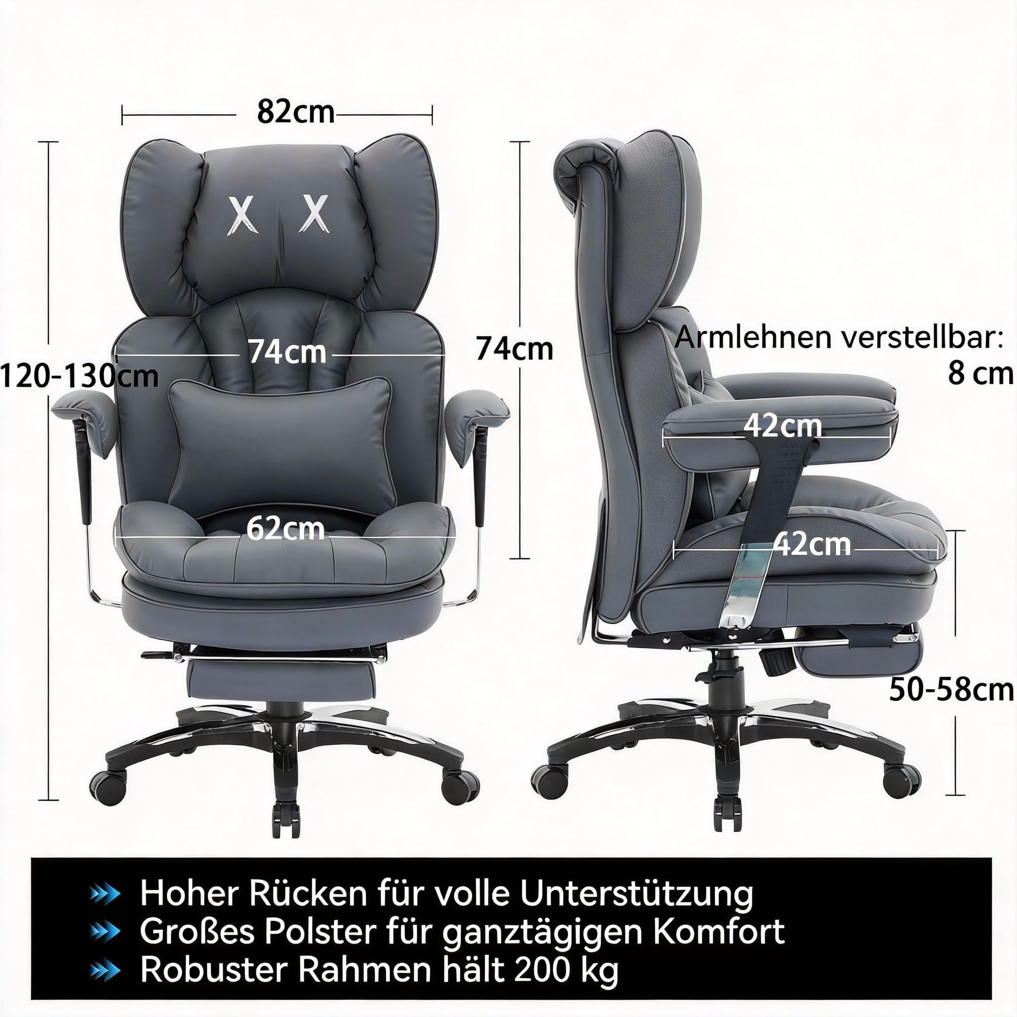 Efomao Bürostuhl, Ergonomischer Gaming Stuhl mit Kopfstütze-Design (X X), Gamer Sessel PU-Leder bis 200kg mit Fußstütze & Lendenkissen, Höhenverstellbarer Schreibtischstuhl