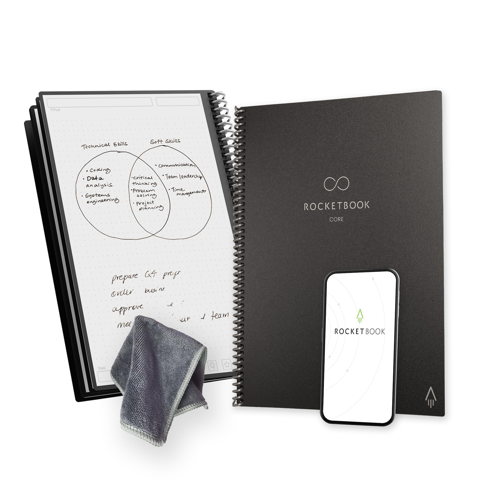 Rocketbook Core - Taccuino a spirale riutilizzabile, formato 21 cm x 29,7 cm, nero - pagine a pois, connettività app, cancellabile, copertina robusta, ideale per scuola, lavoro e progetti creativi